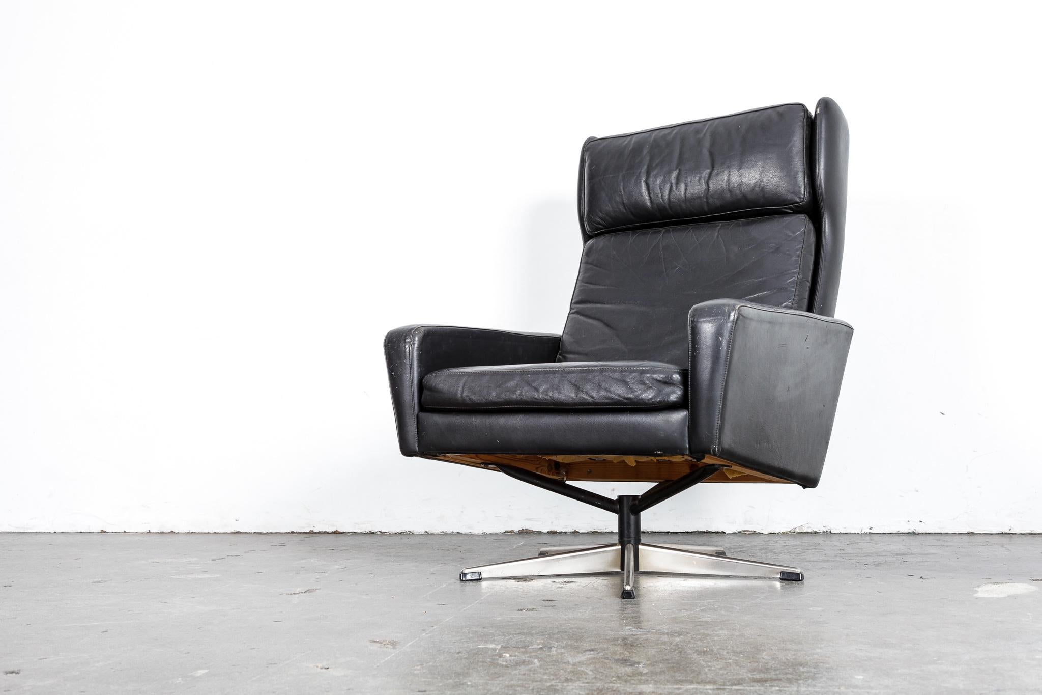 Mid-Century Modern Danish Black Leather 1950s Wing Back Swivel Chair