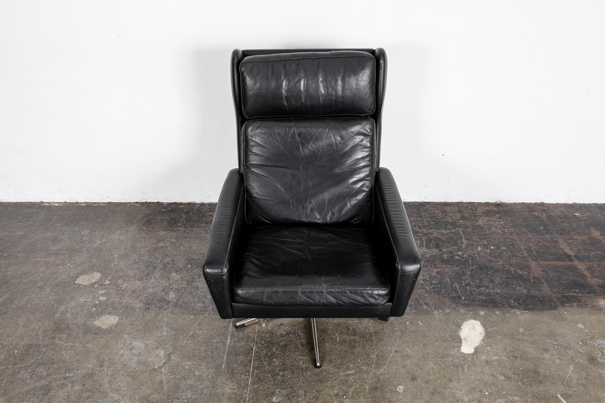 Mid-20th Century Danish Black Leather 1950s Wing Back Swivel Chair