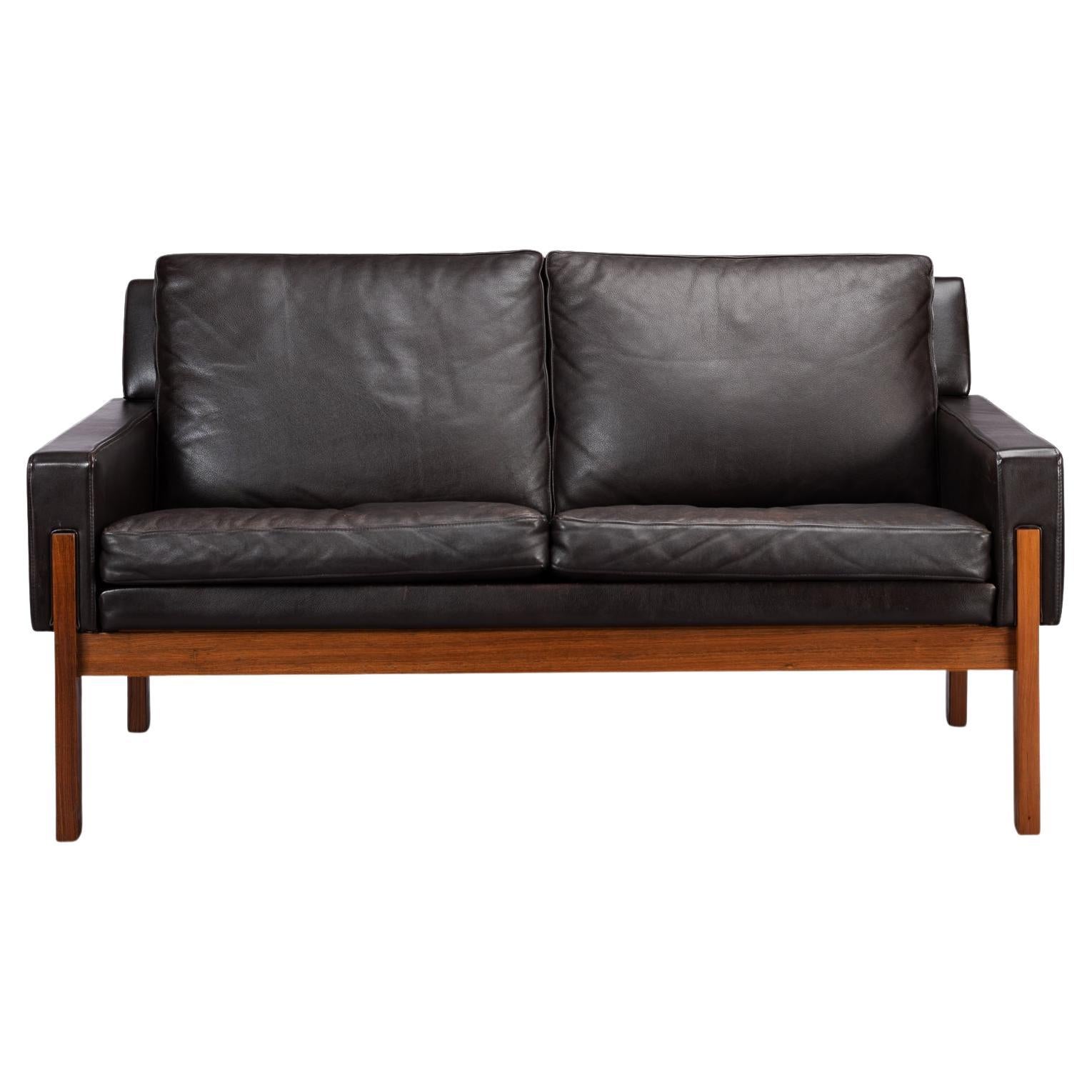 Danish Black Leather 2-Seater Sofa with Rosewood, 1960s