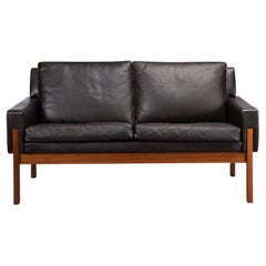Danish Black Leather 2-Seater Sofa with Rosewood, 1960s