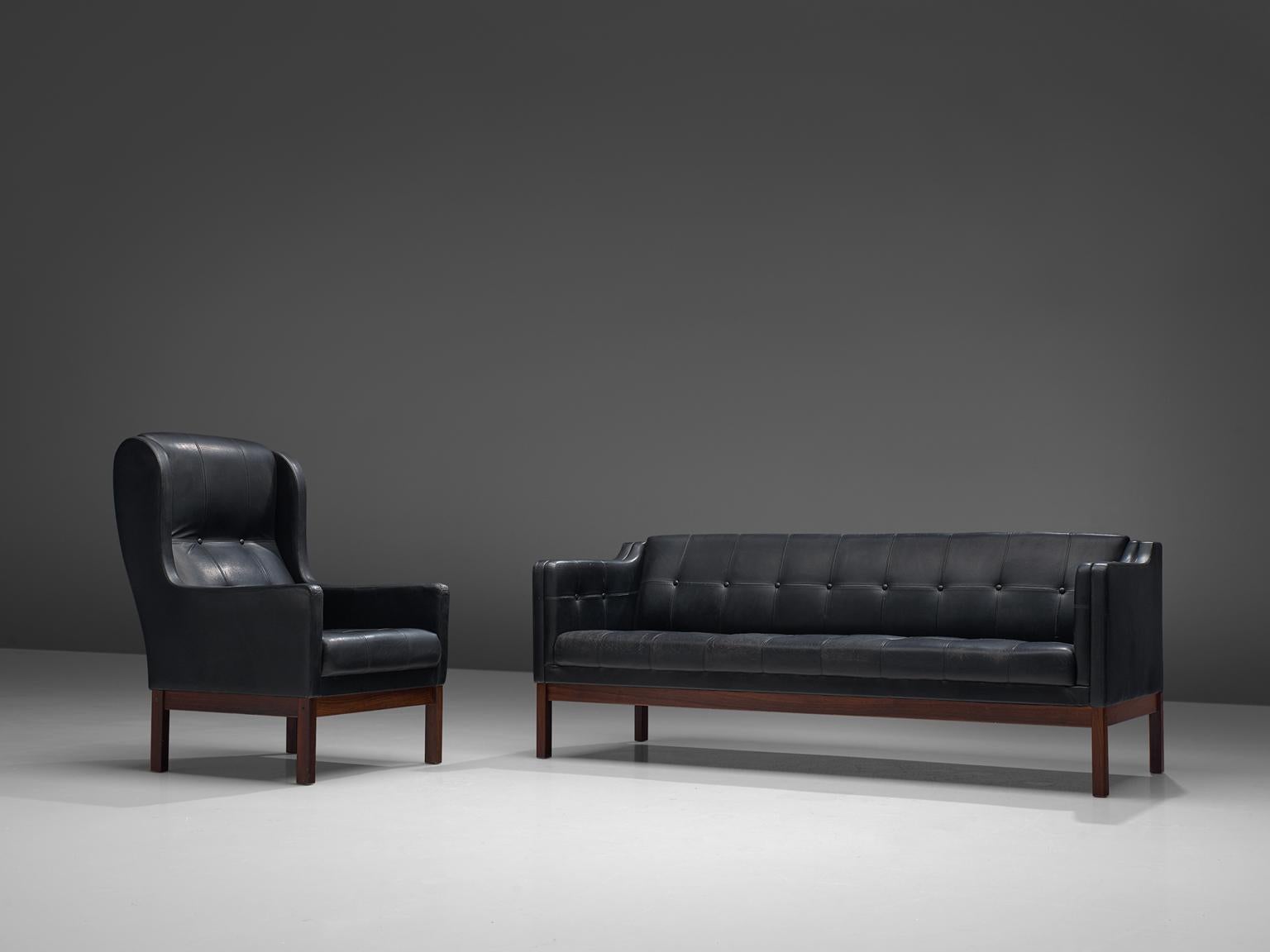 Mid-Century Modern Danish Black Leather Living Room Set with Rosewood Frame, 1960s