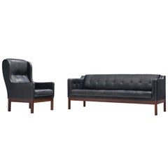 Danish Black Leather Living Room Set with Rosewood Frame, 1960s