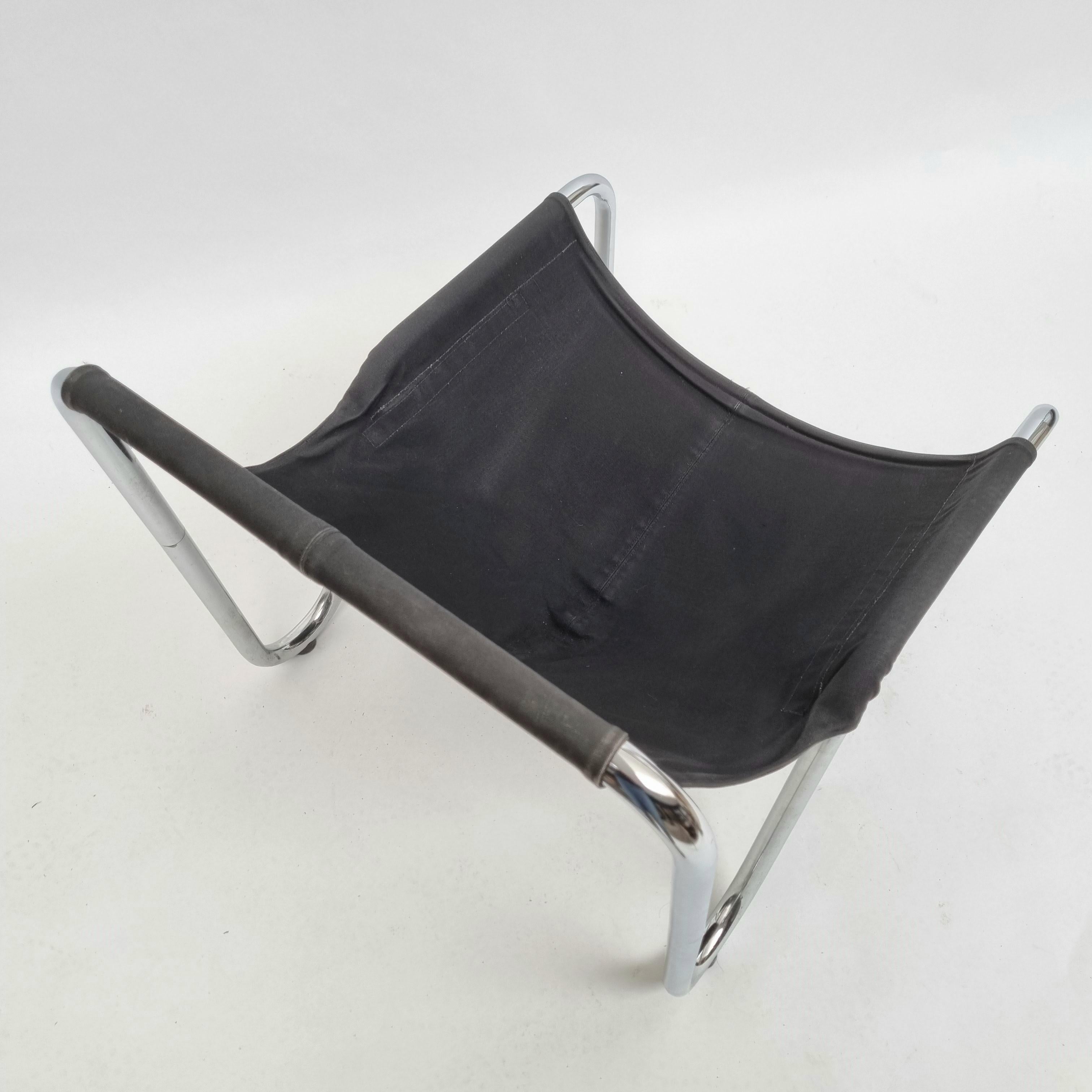 Stainless Steel Danish Black Leather Lounge Chair, 1970s