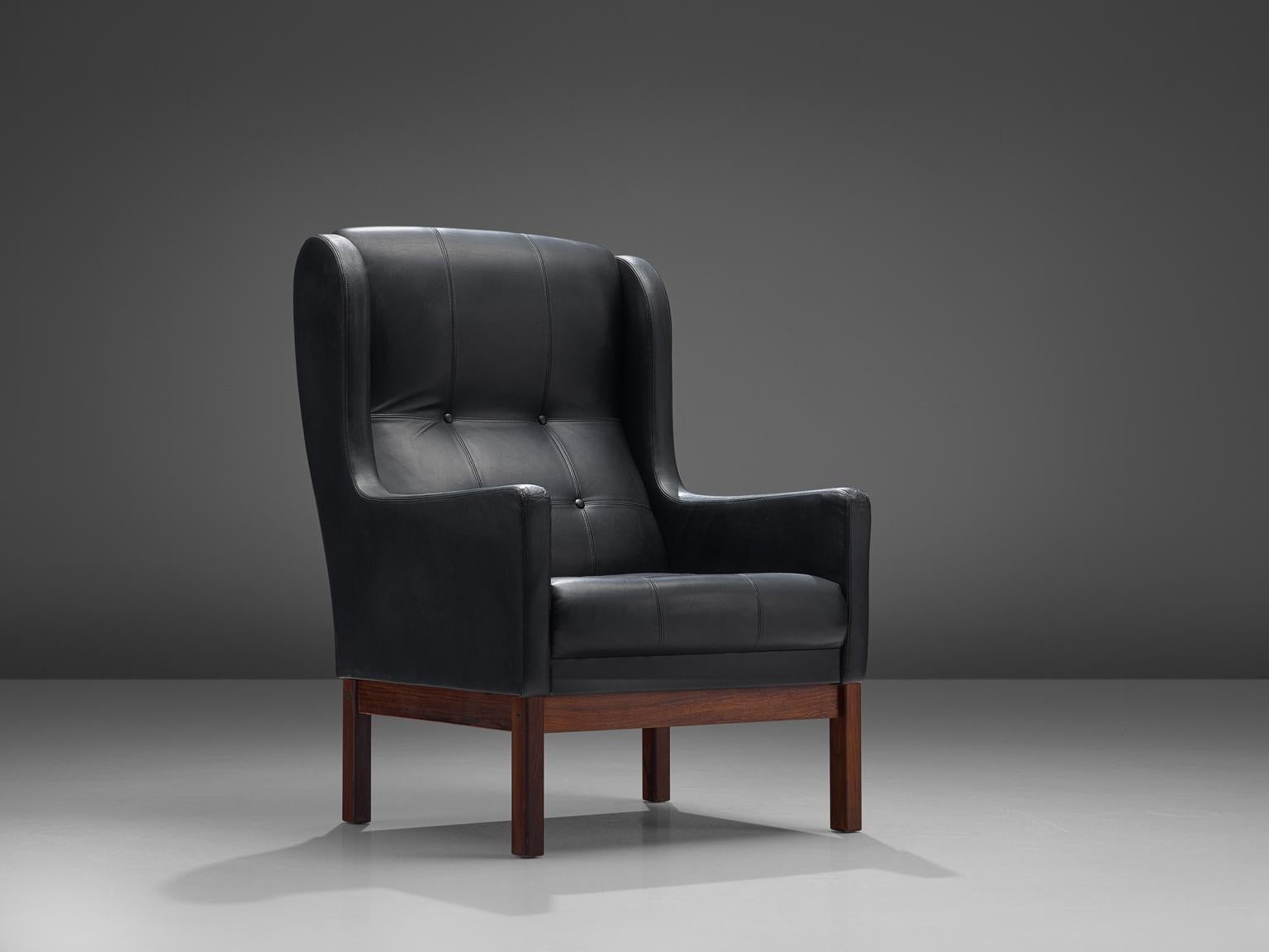 Mid-Century Modern Danish Black Leather Lounge Chair with Rosewood Frame, 1960s