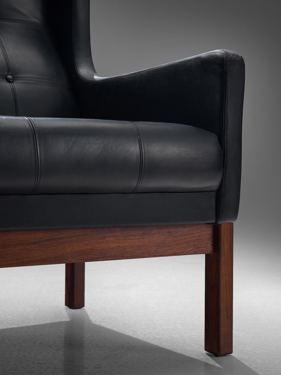 Danish Black Leather Lounge Chair with Rosewood Frame, 1960s 1