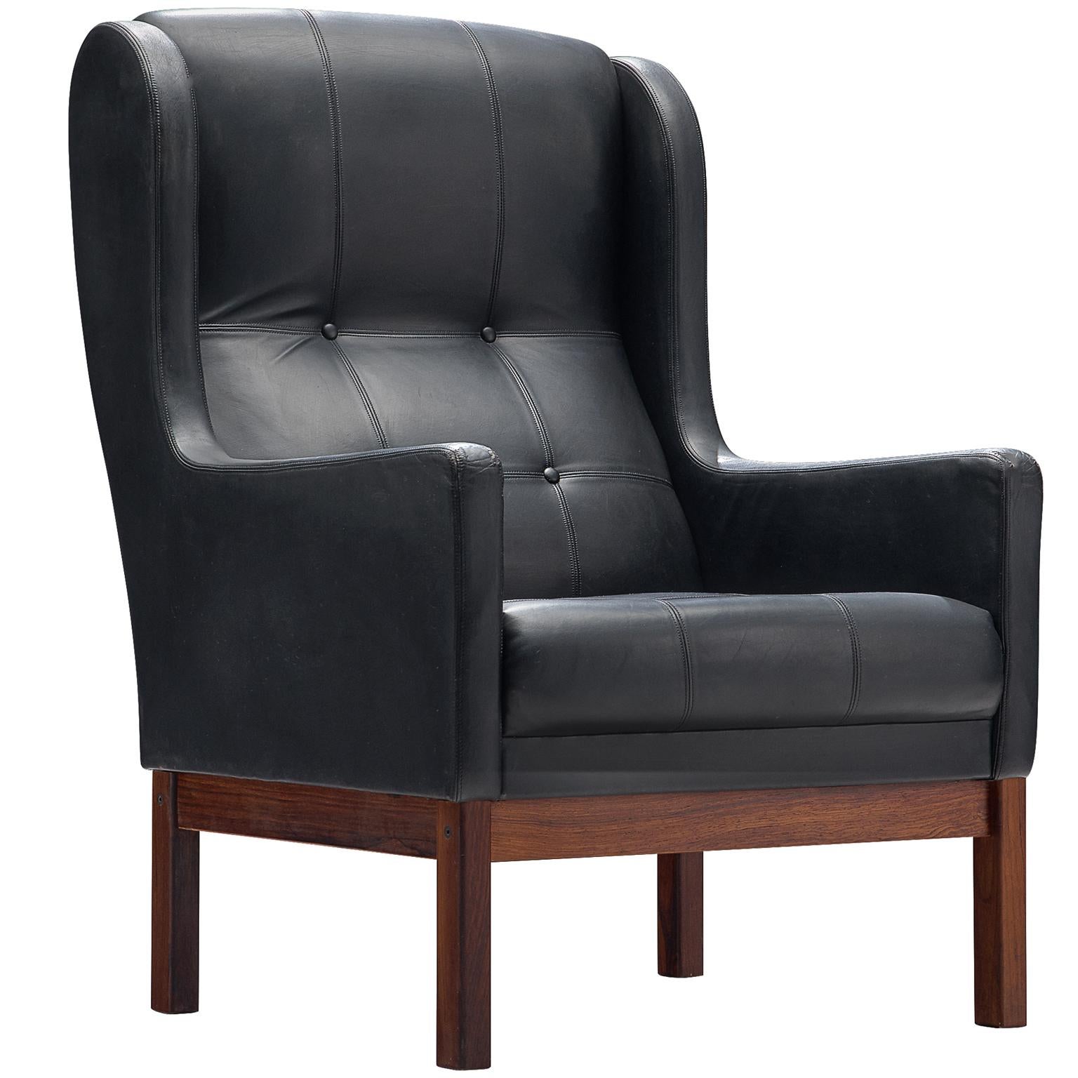 Danish Black Leather Lounge Chair with Rosewood Frame, 1960s