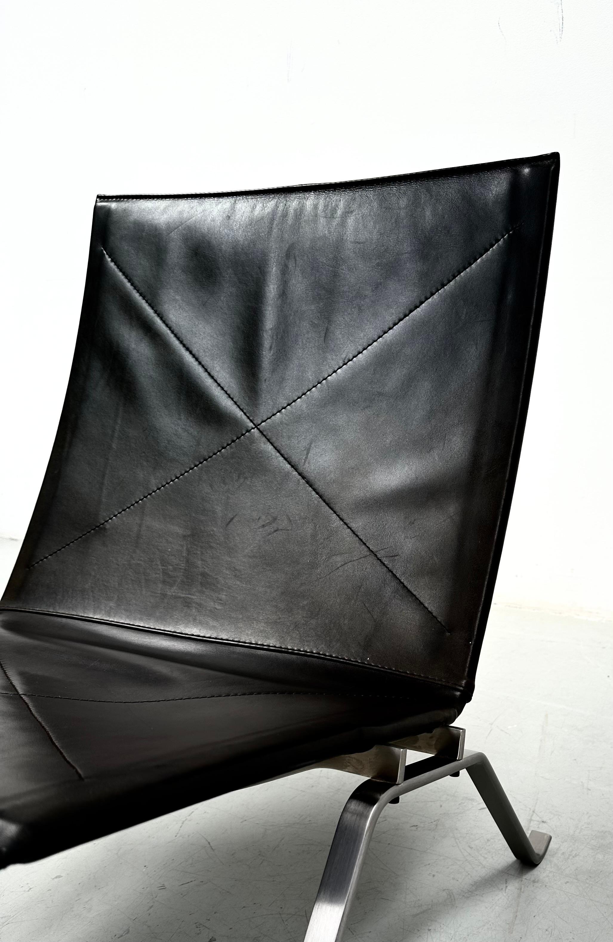Steel Danish Black Leather PK22 Easy Chair by Poul Kjærholm for Fritz Hansen.