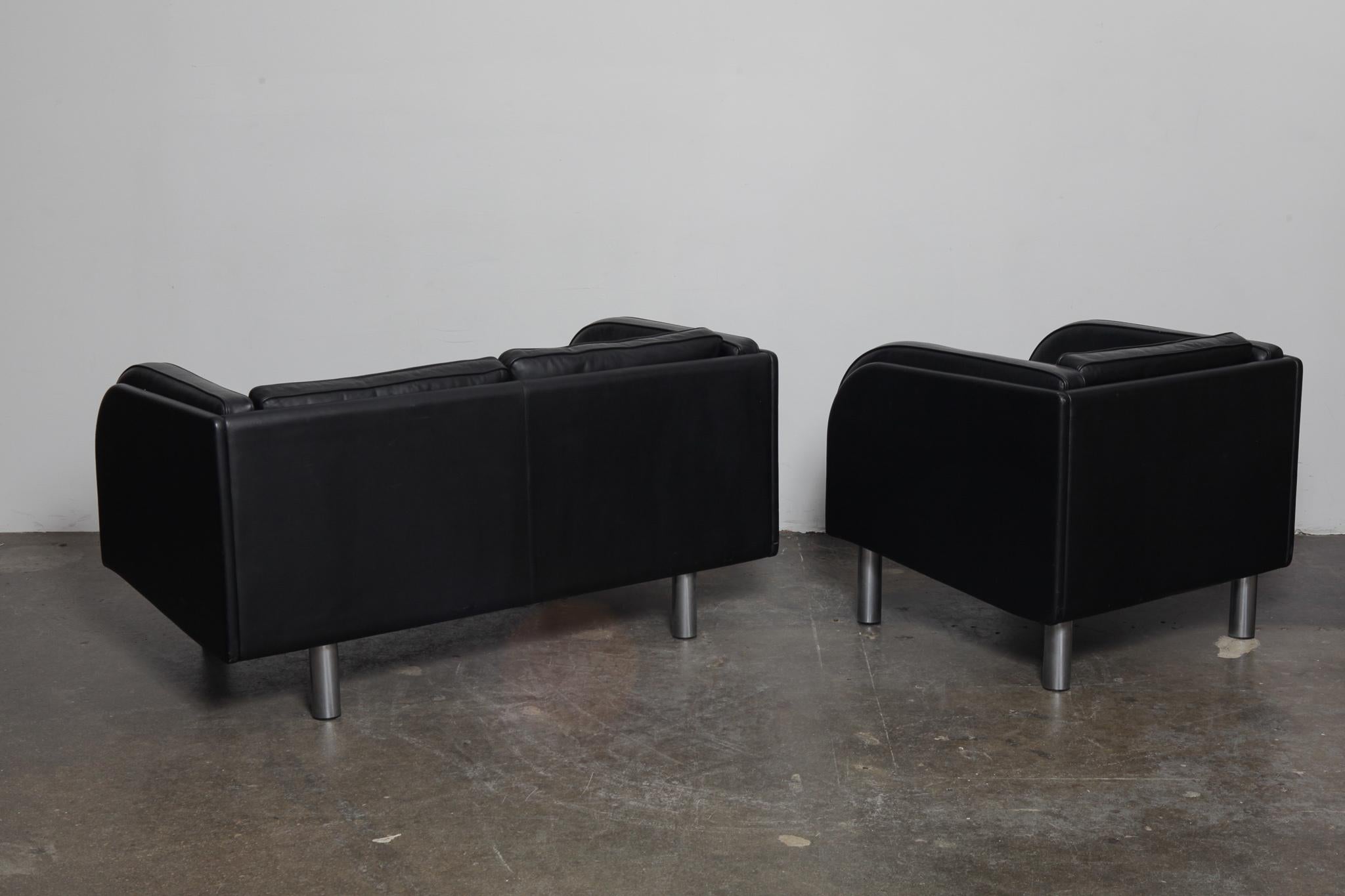 Metal Danish Black Leather Sofa and Chair by Jørgen Gammelgaard for Erik Jørgensen For Sale