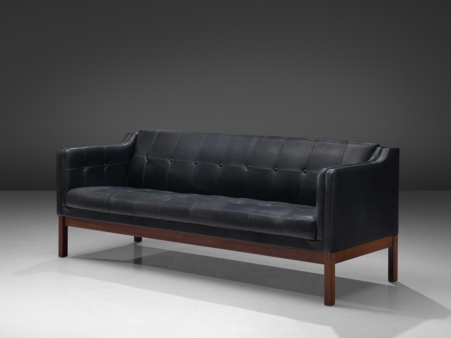 Scandinavian Modern Danish Black Leather Sofa with Rosewood Frame, 1960s