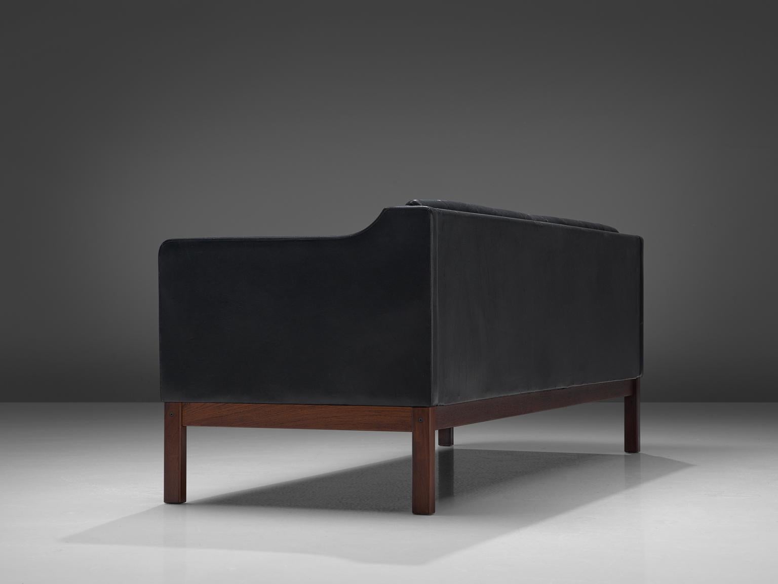 Dutch Danish Black Leather Sofa with Rosewood Frame, 1960s