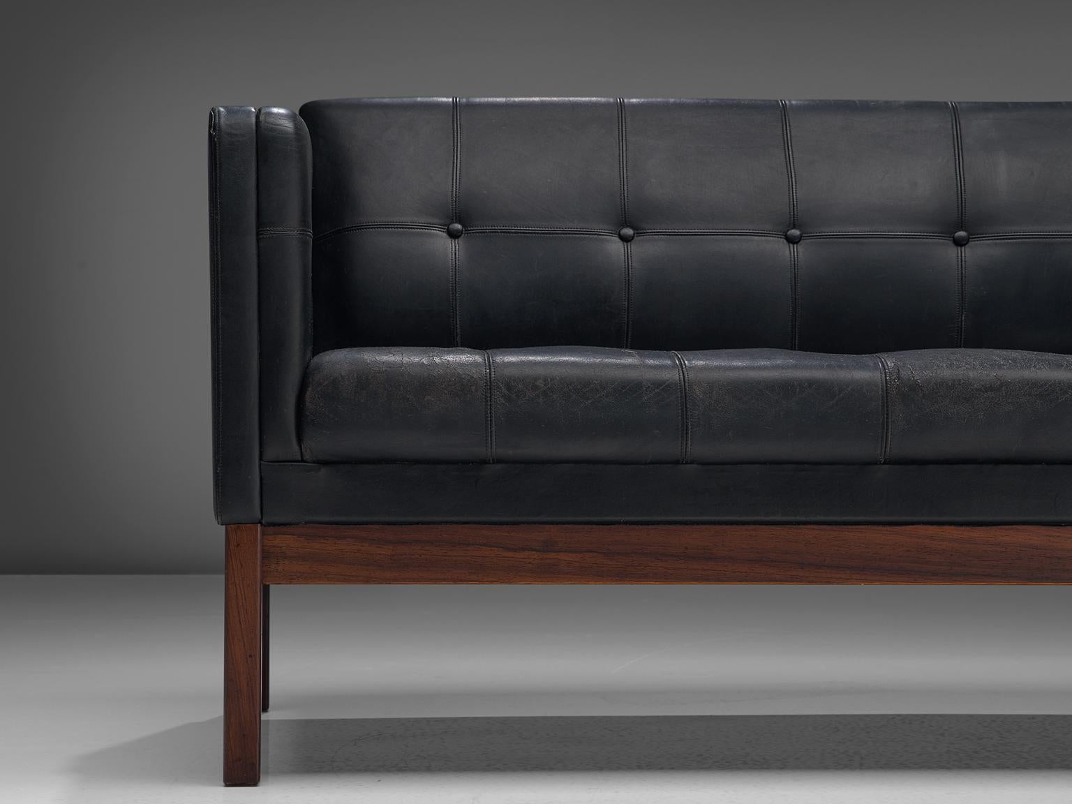 Mid-20th Century Danish Black Leather Sofa with Rosewood Frame, 1960s
