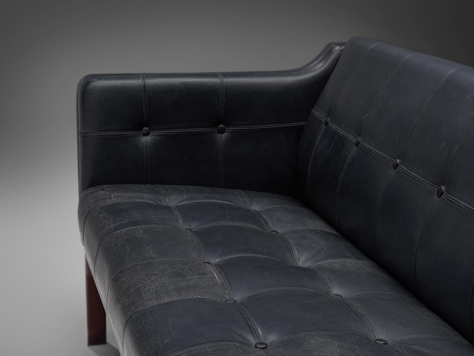 Danish Black Leather Sofa with Rosewood Frame, 1960s 1