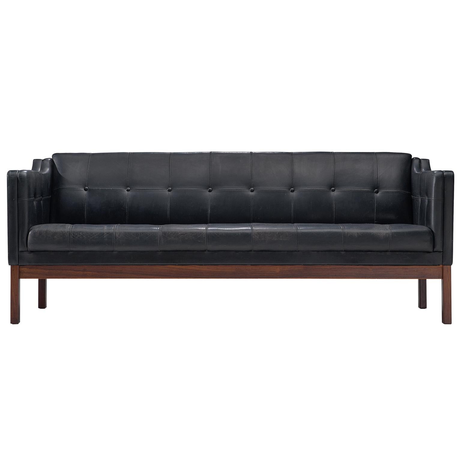 Danish Black Leather Sofa with Rosewood Frame, 1960s