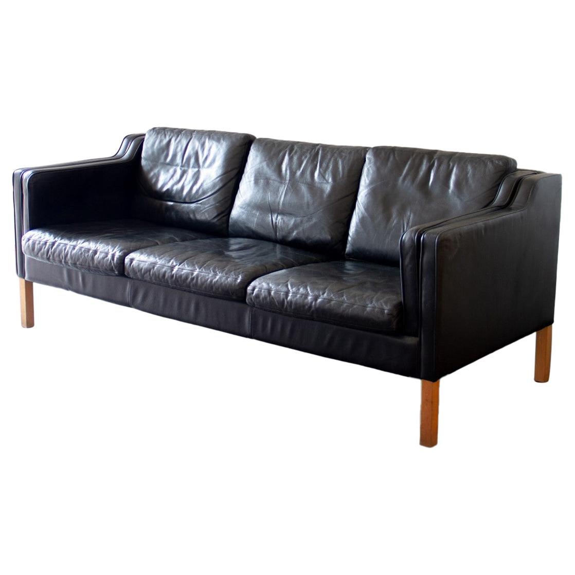 Danish Black Leather Three-Seat Sofa, 1950s