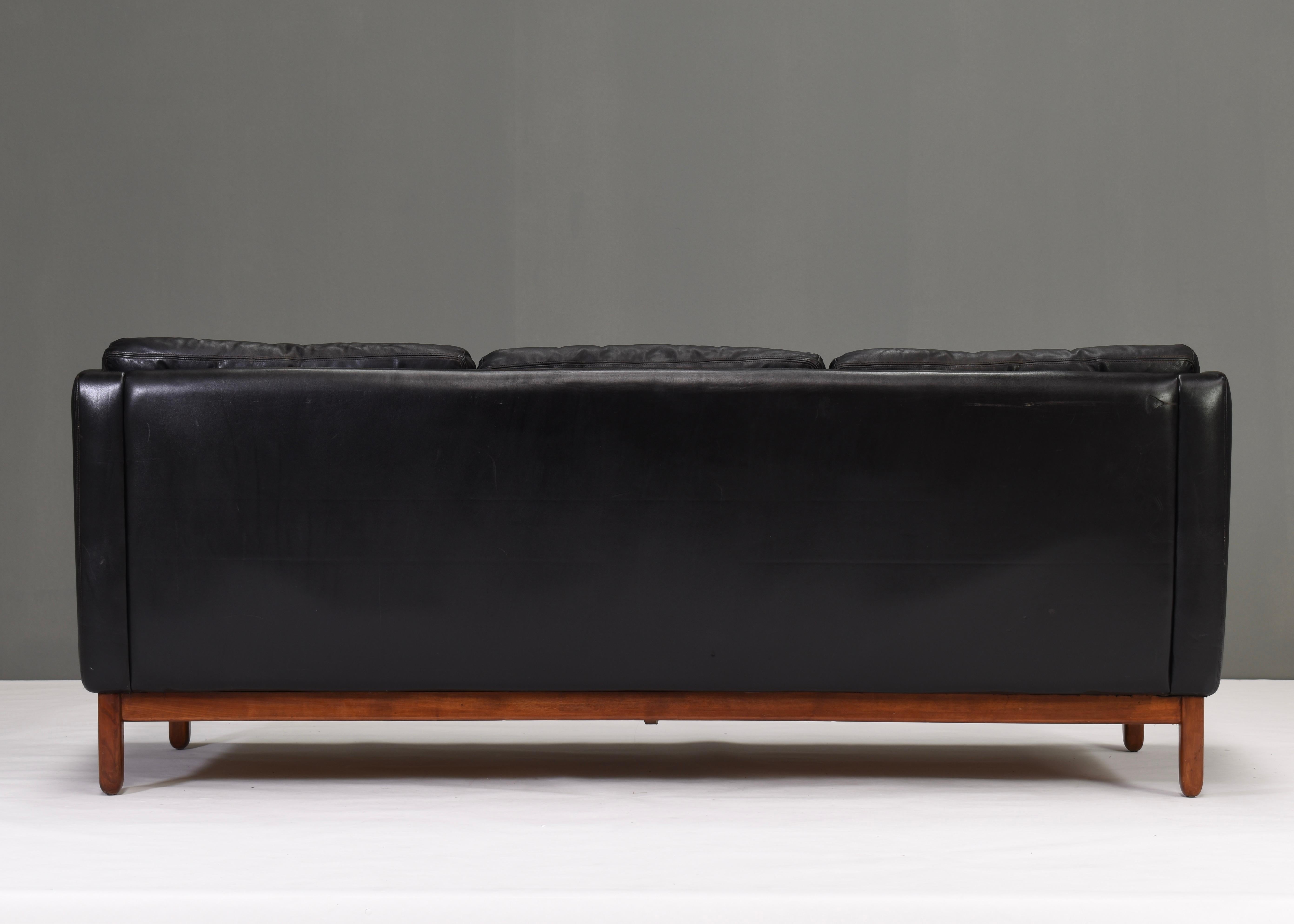 Danish Black Leather Three-Seat Sofa, Denmark, 1950s-1960s 4