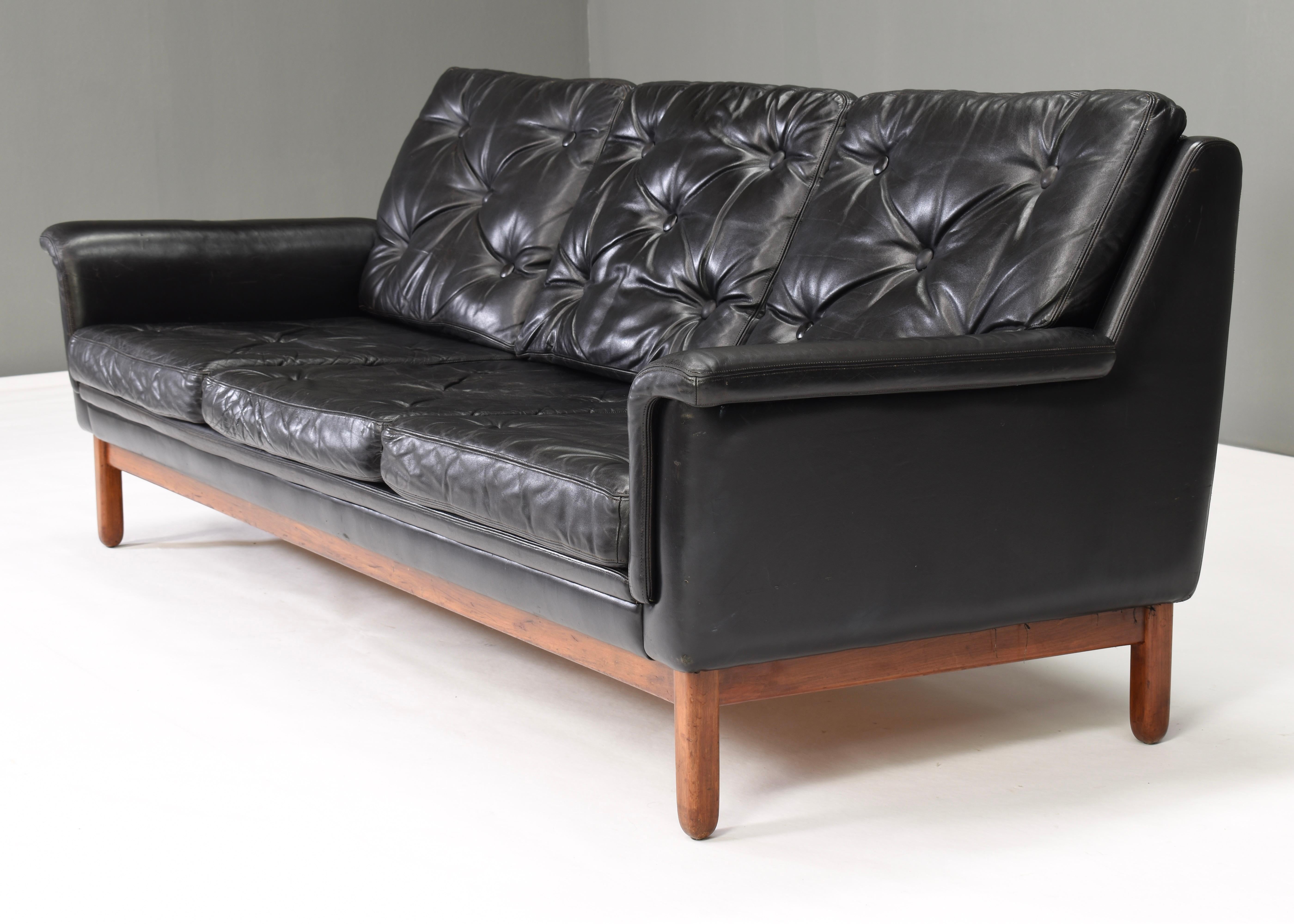 Mid-Century Modern Danish Black Leather Three-Seat Sofa, Denmark, 1950s-1960s