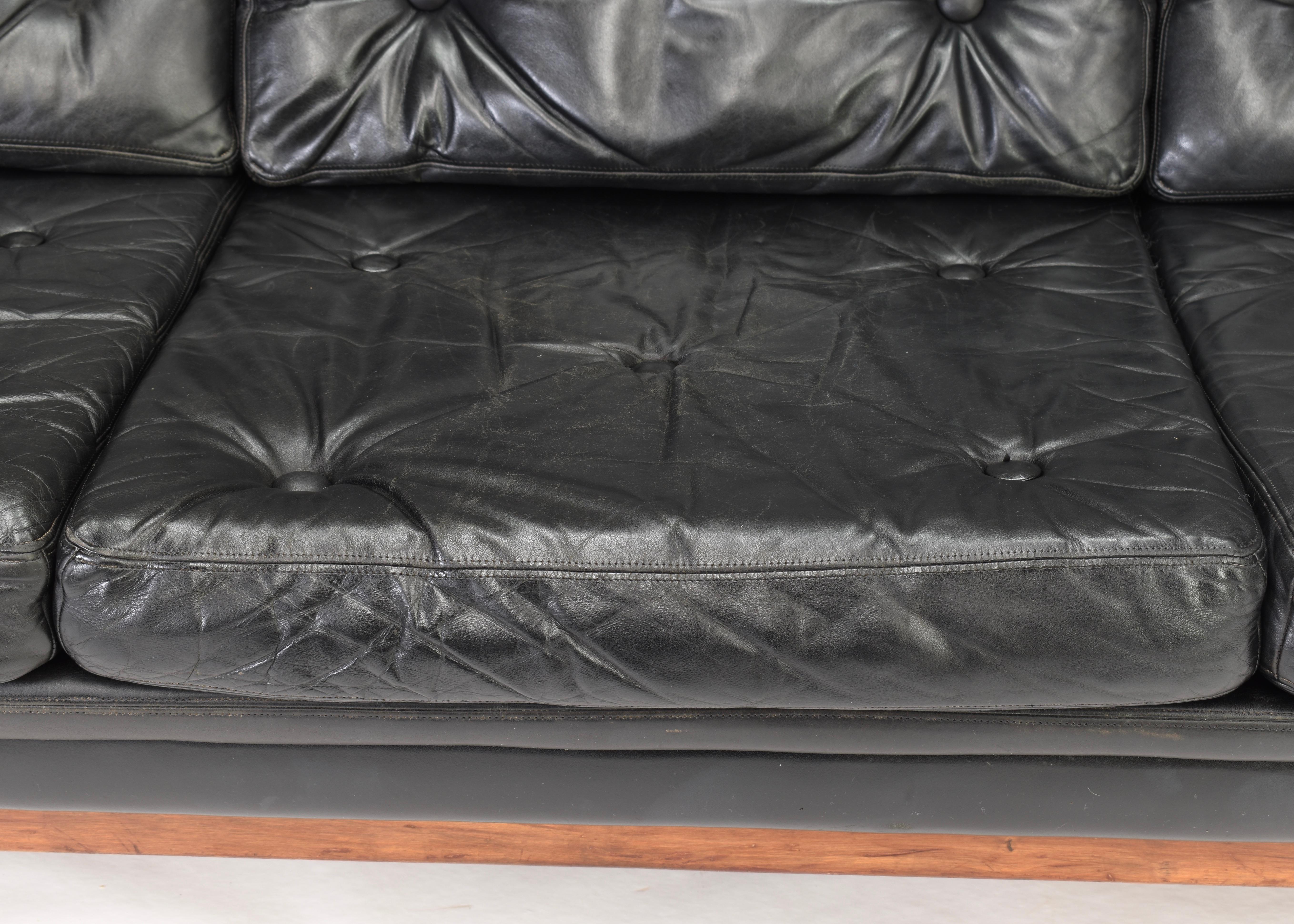 Mid-20th Century Danish Black Leather Three-Seat Sofa, Denmark, 1950s-1960s