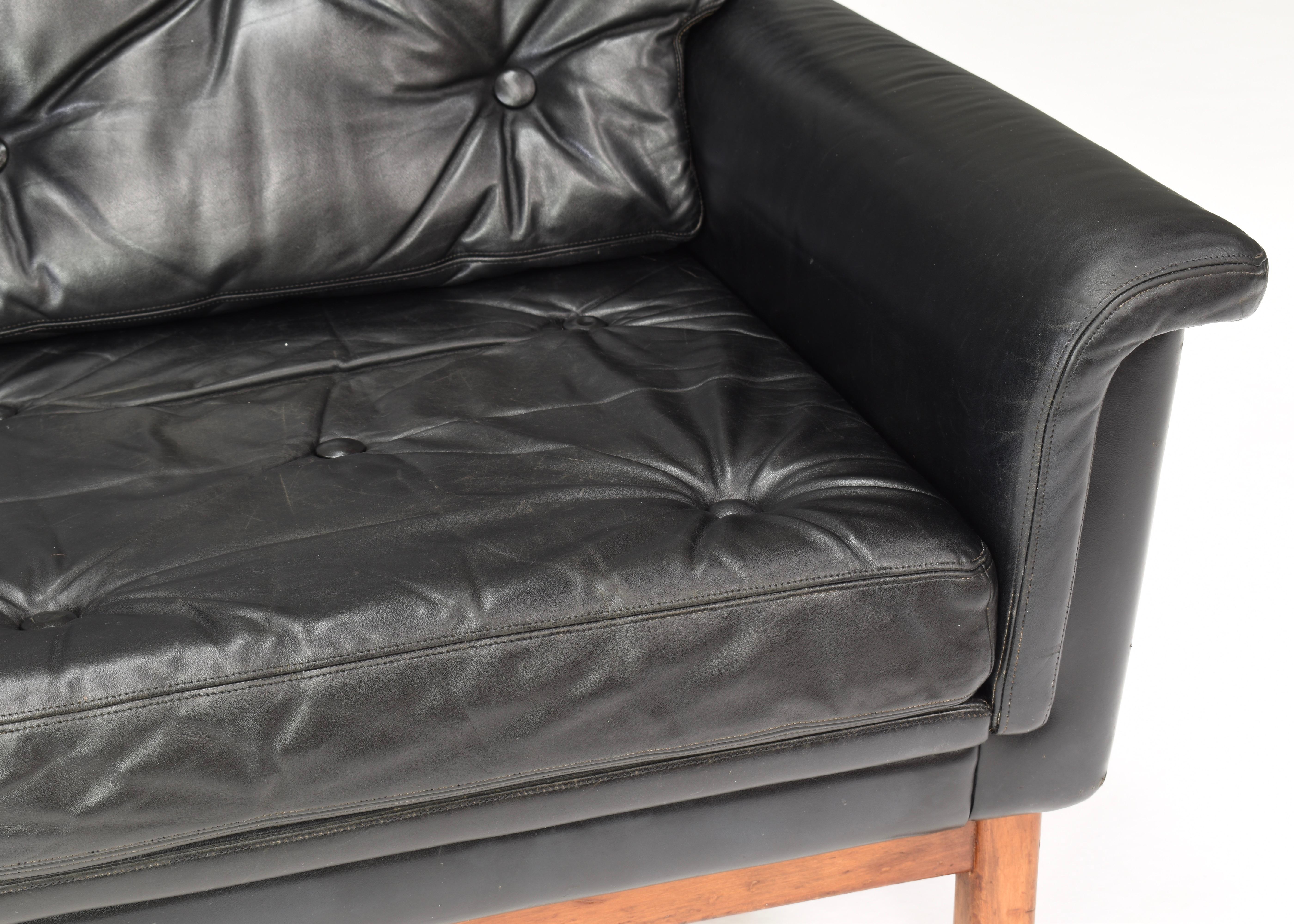Beech Danish Black Leather Three-Seat Sofa, Denmark, 1950s-1960s