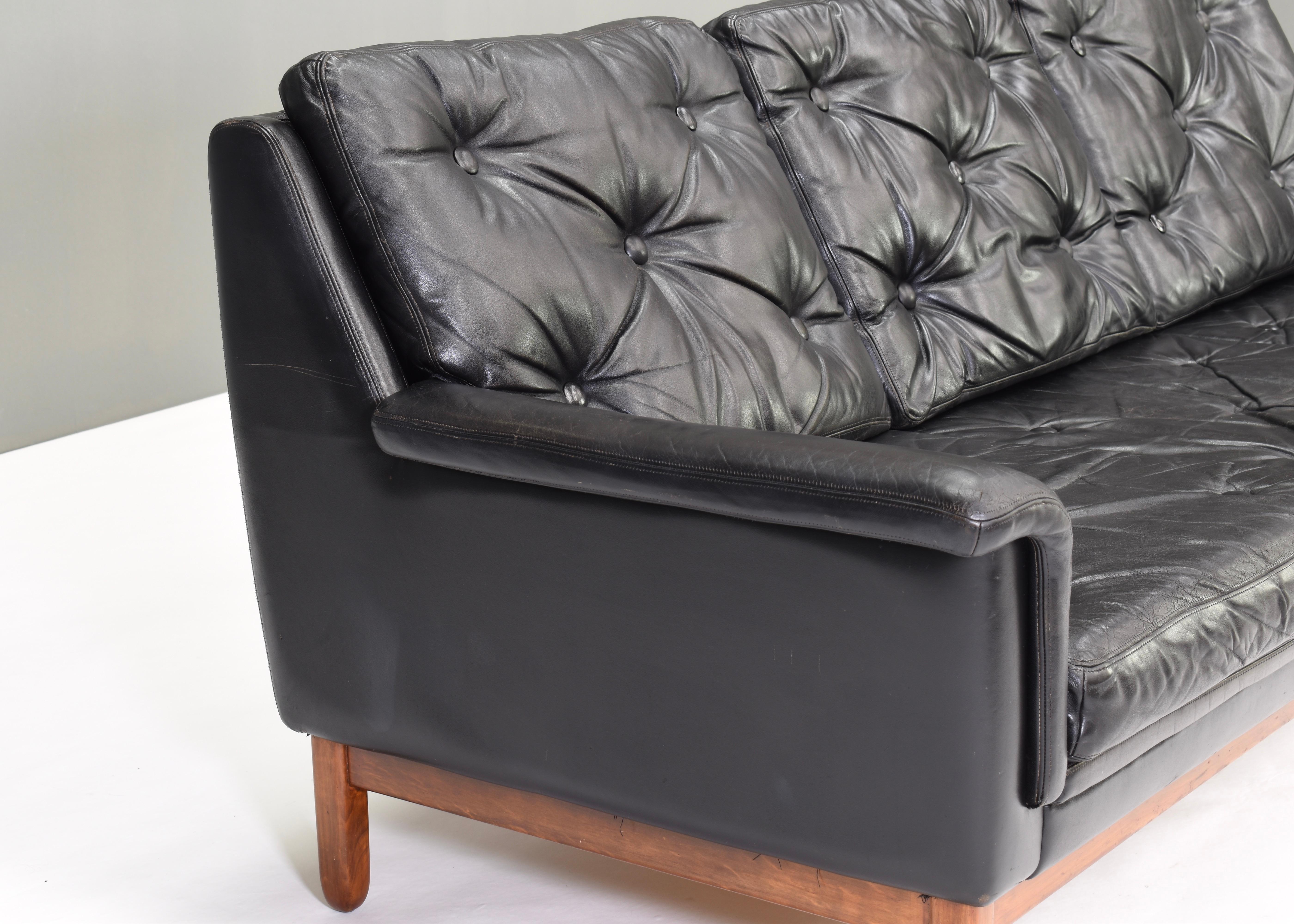 Danish Black Leather Three-Seat Sofa, Denmark, 1950s-1960s 1