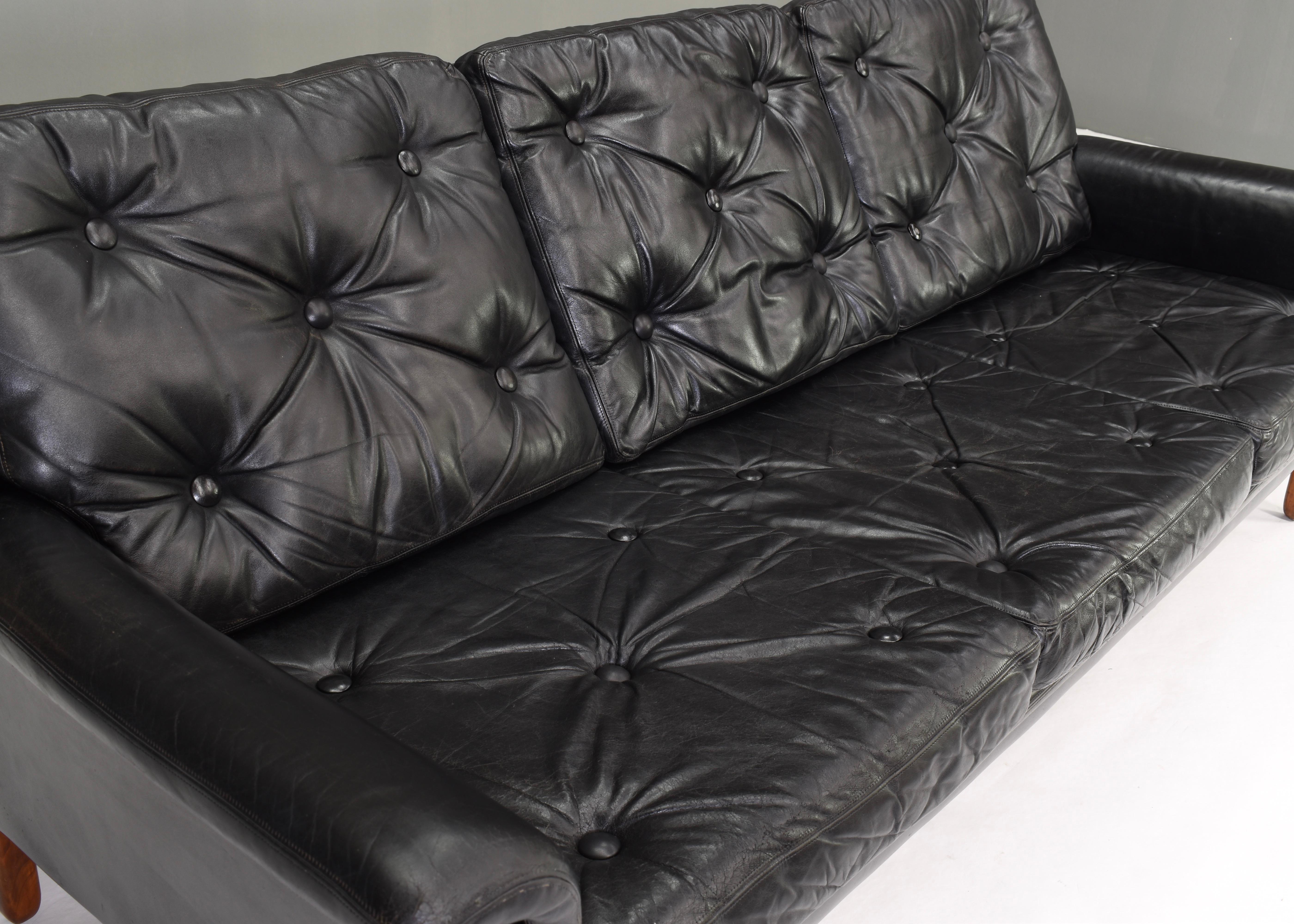 Danish Black Leather Three-Seat Sofa, Denmark, 1950s-1960s 2