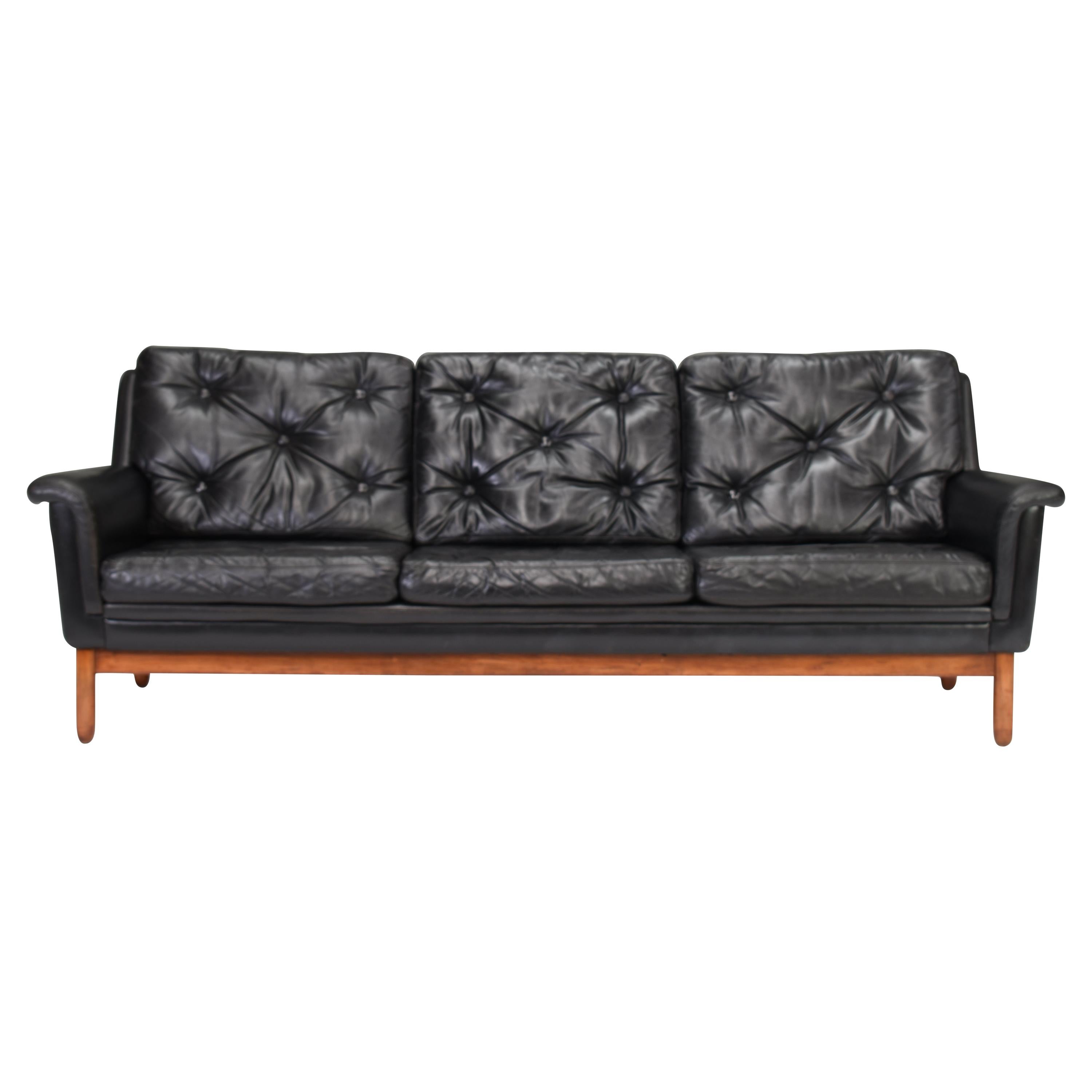 Danish Black Leather Three-Seat Sofa, Denmark, 1950s-1960s