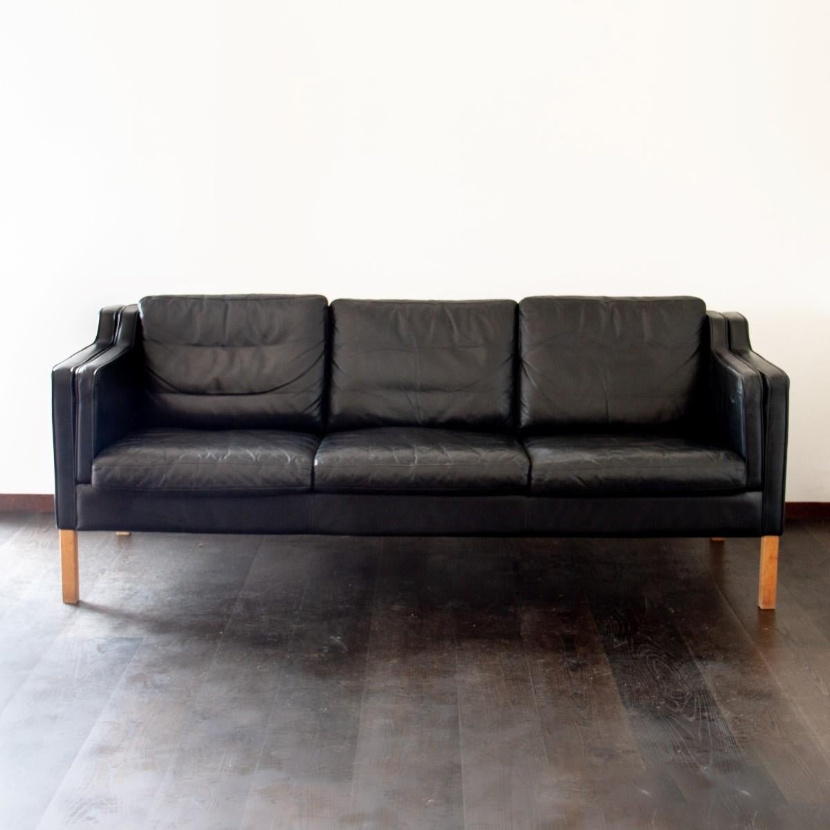 Scandinavian Modern Danish Black Leather Three-Seat Sofa, 1950s