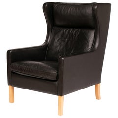 Danish Black Leather Wing Chair by Stouby