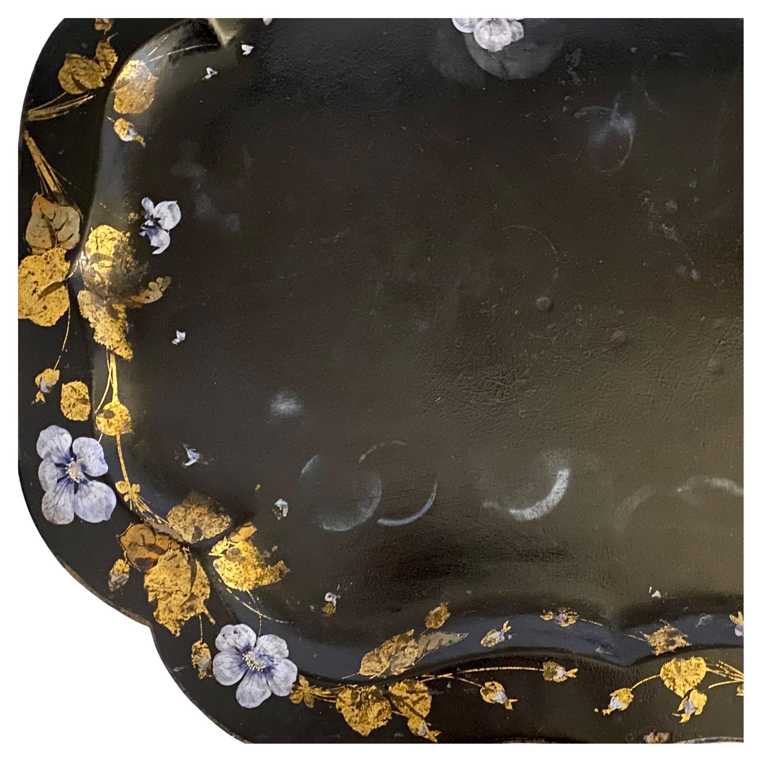 Italian Danish Black-Painted Flower Decorated Coffee Tray Table, circa 1920s For Sale