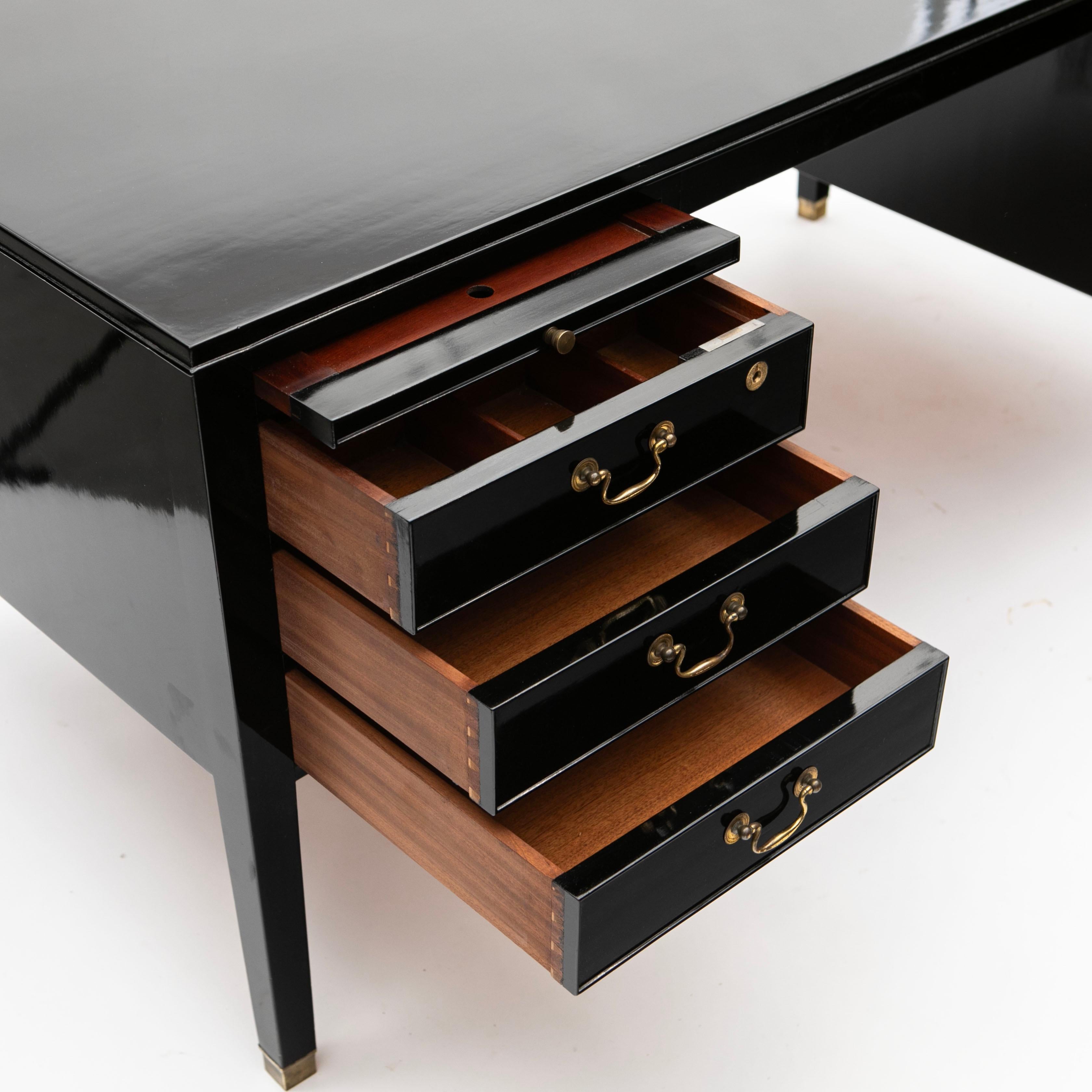 Brass Black Polished Mahogany Writing Desk by Ole Wanscher For Sale