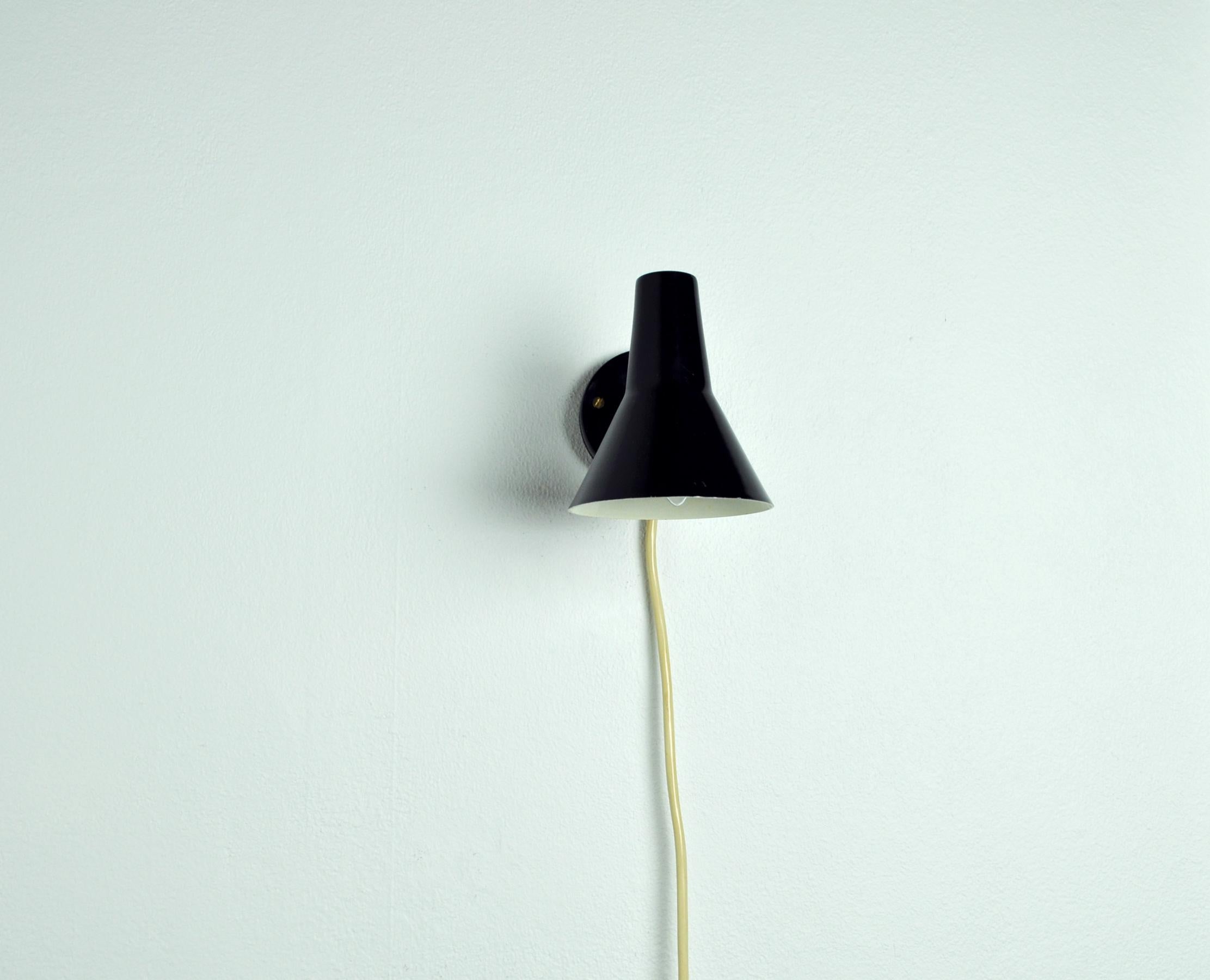 Scandinavian Modern Danish Black Wall Lamp with Adjustable Brass Arm For Sale