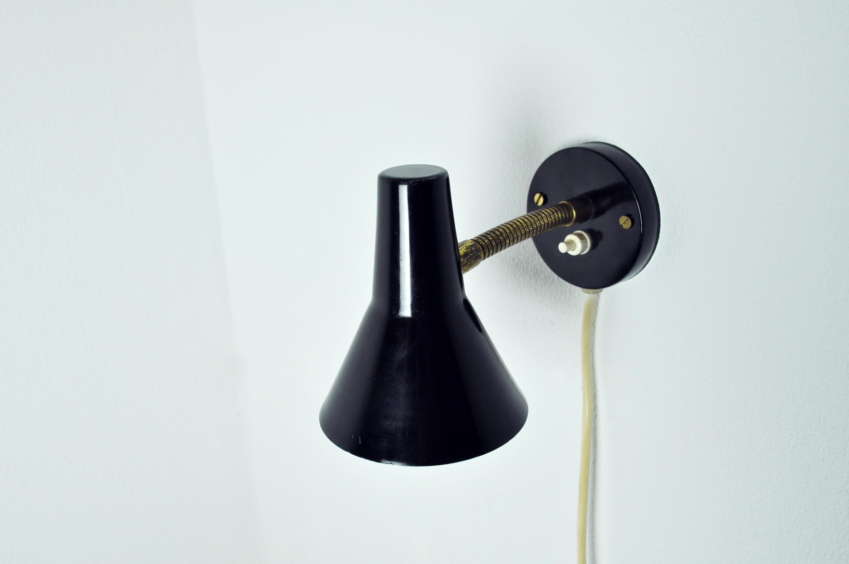 20th Century Danish Black Wall Lamp with Adjustable Brass Arm For Sale