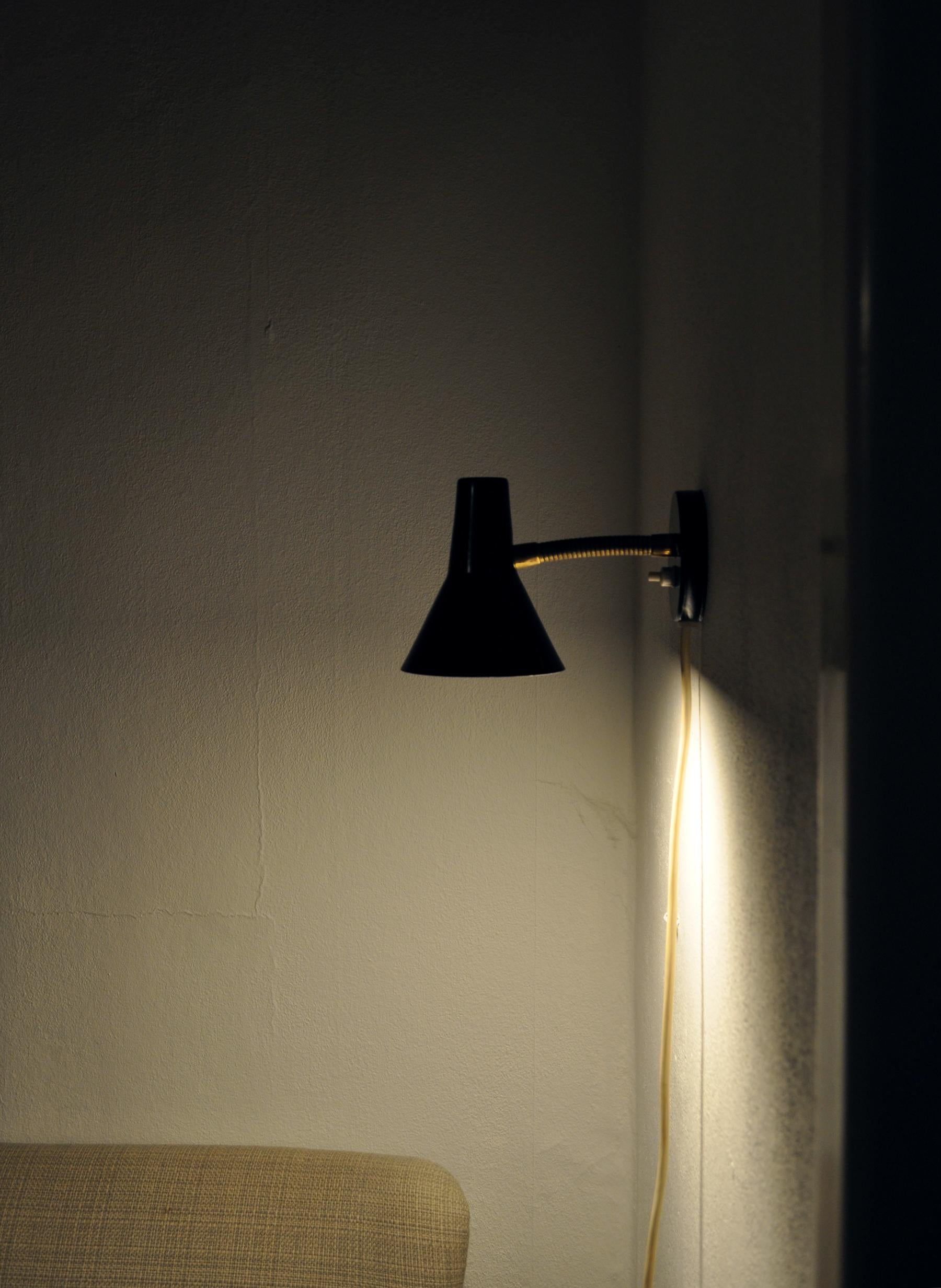 Danish Black Wall Lamp with Adjustable Brass Arm For Sale 1