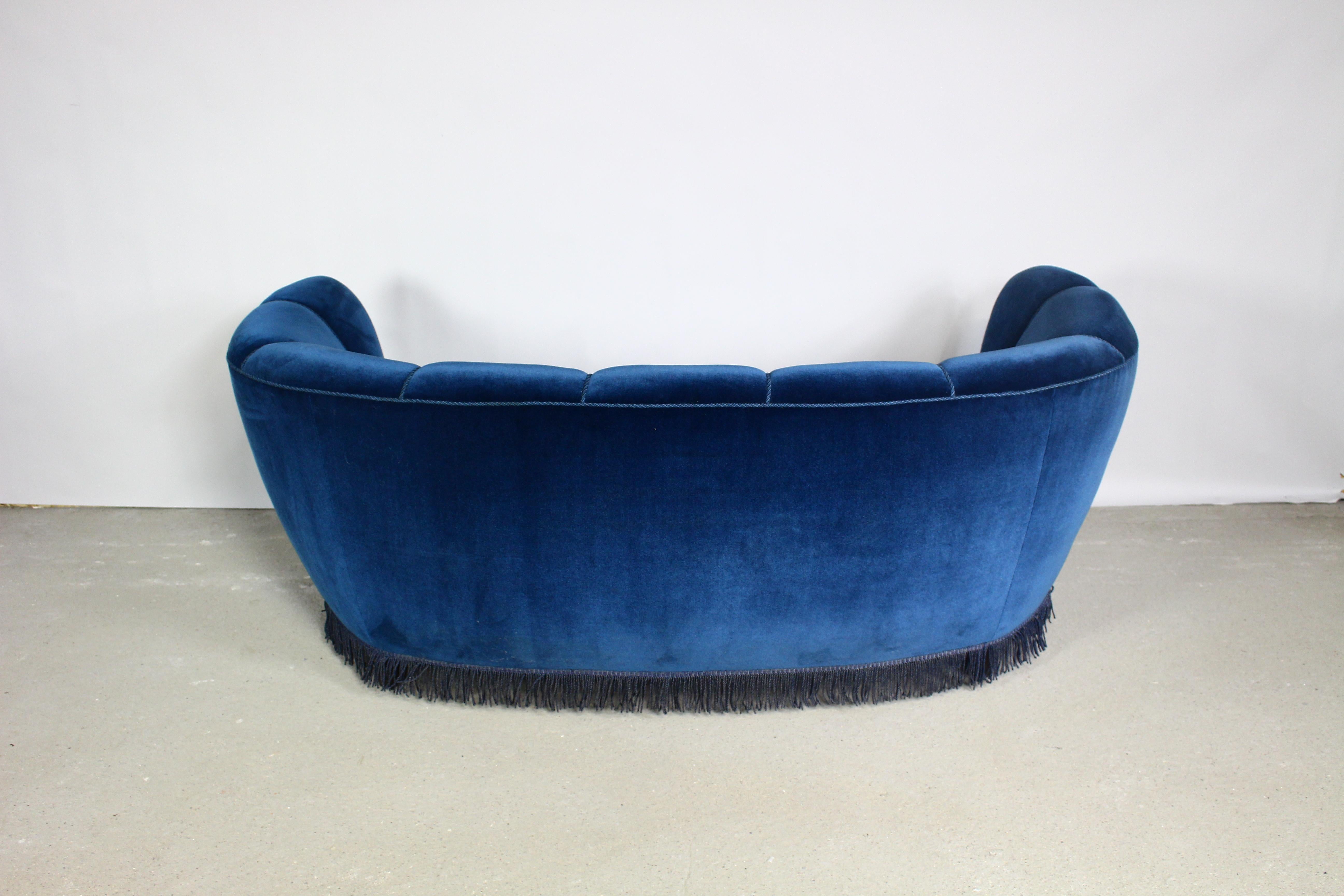 Danish Blue Velvet Banana Sofa, 1940s For Sale 6