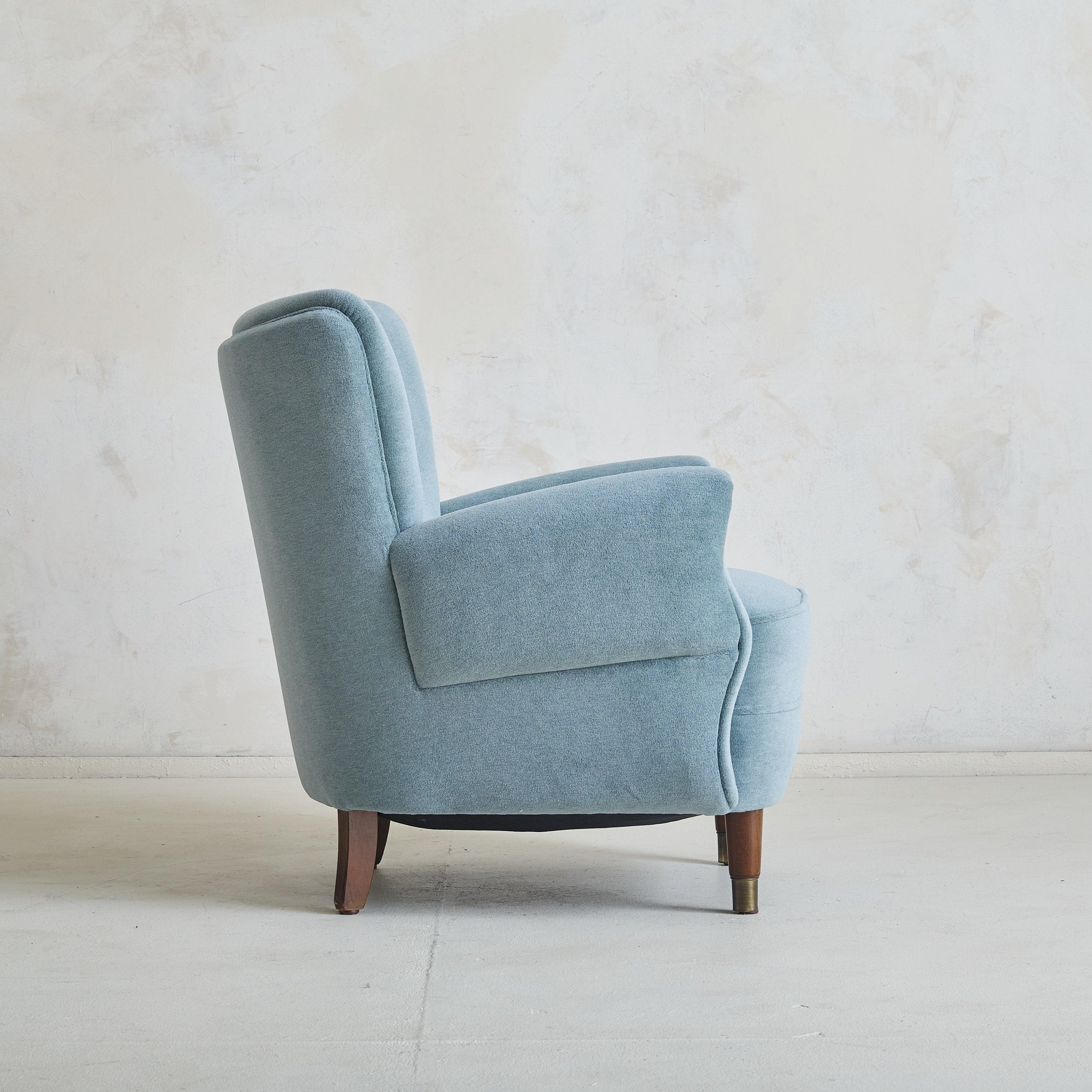 Scandinavian Modern Danish Blue Velvet Wingback Armchair, 1960s For Sale