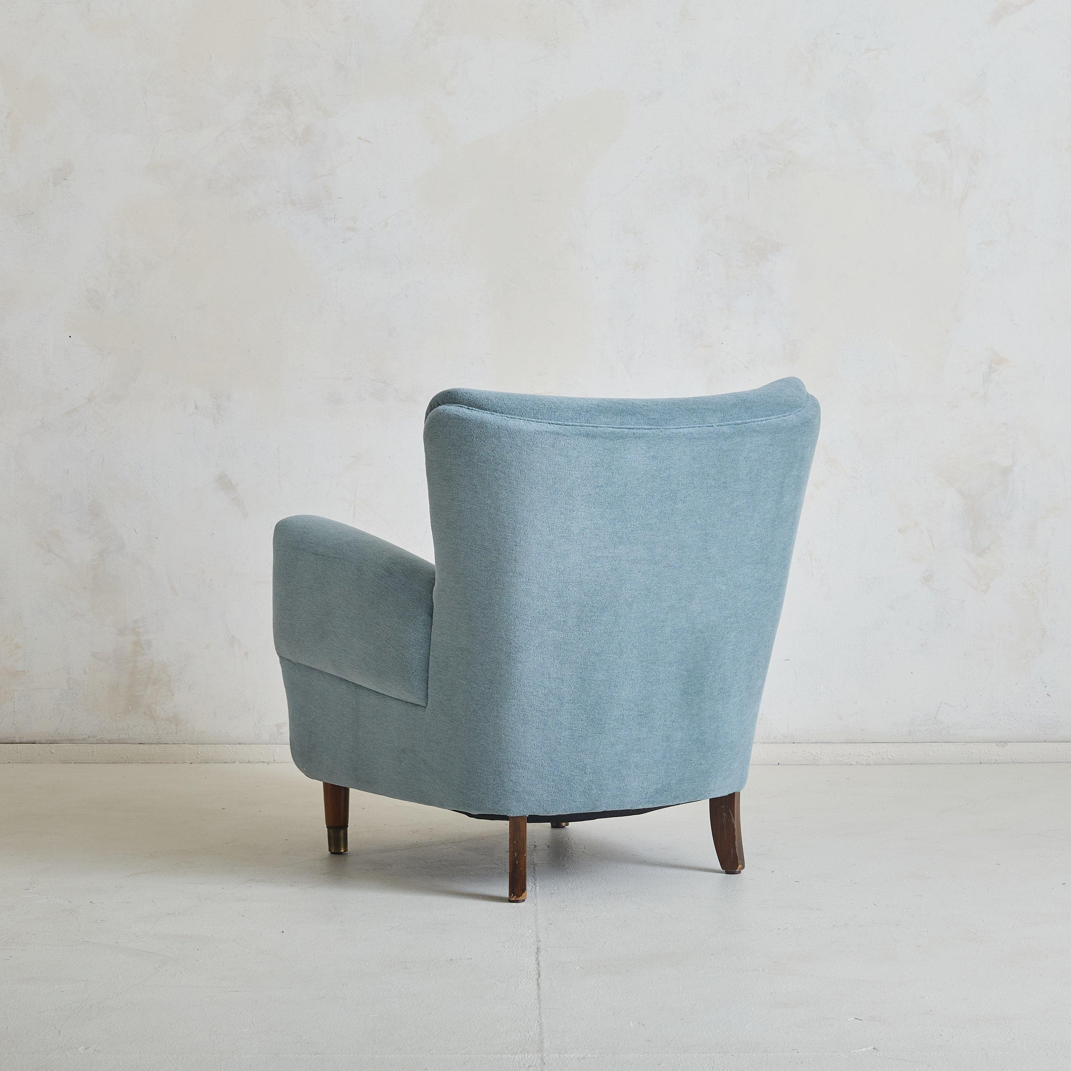 Danish Blue Velvet Wingback Armchair, 1960s In Excellent Condition For Sale In Chicago, IL