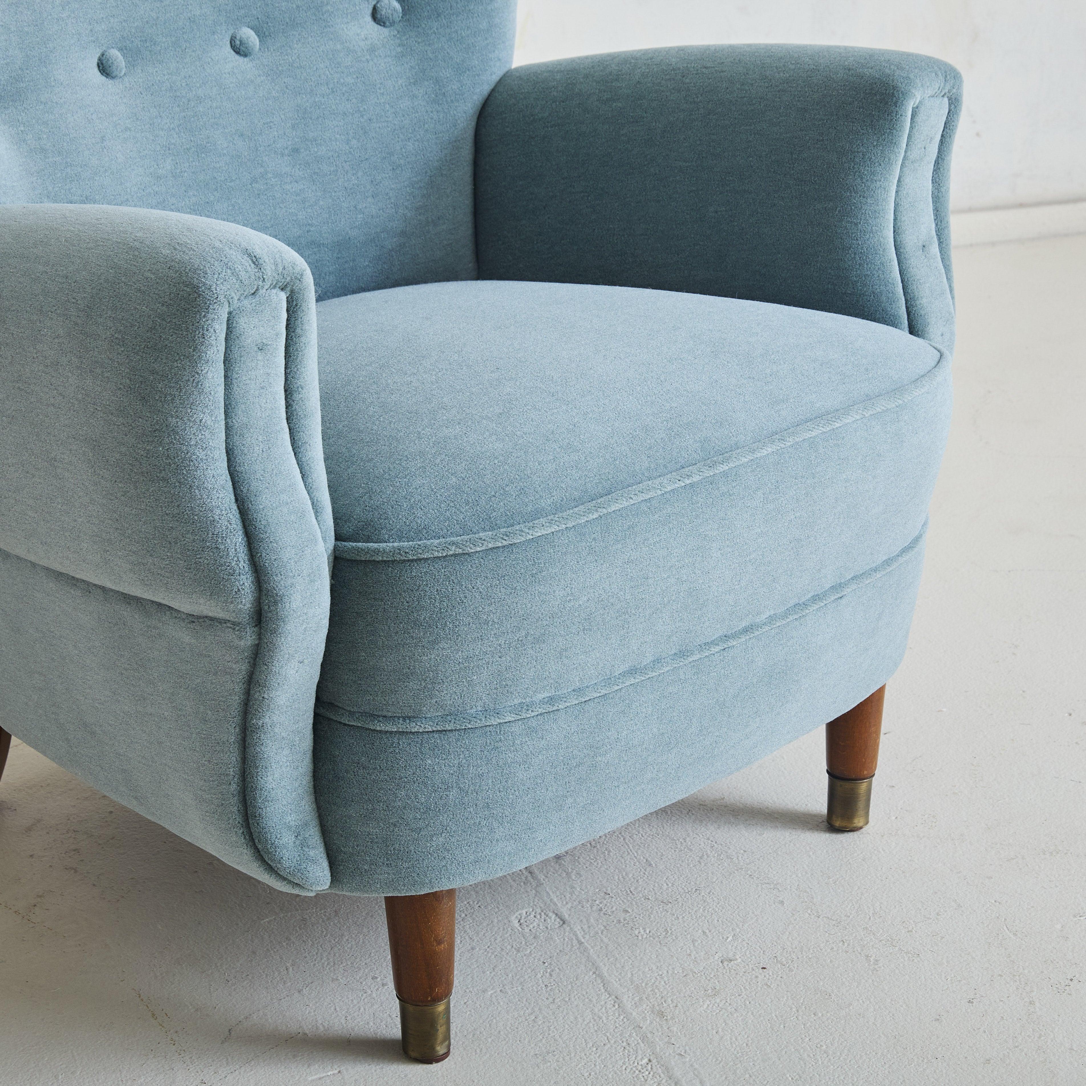 Mid-20th Century Danish Blue Velvet Wingback Armchair, 1960s For Sale