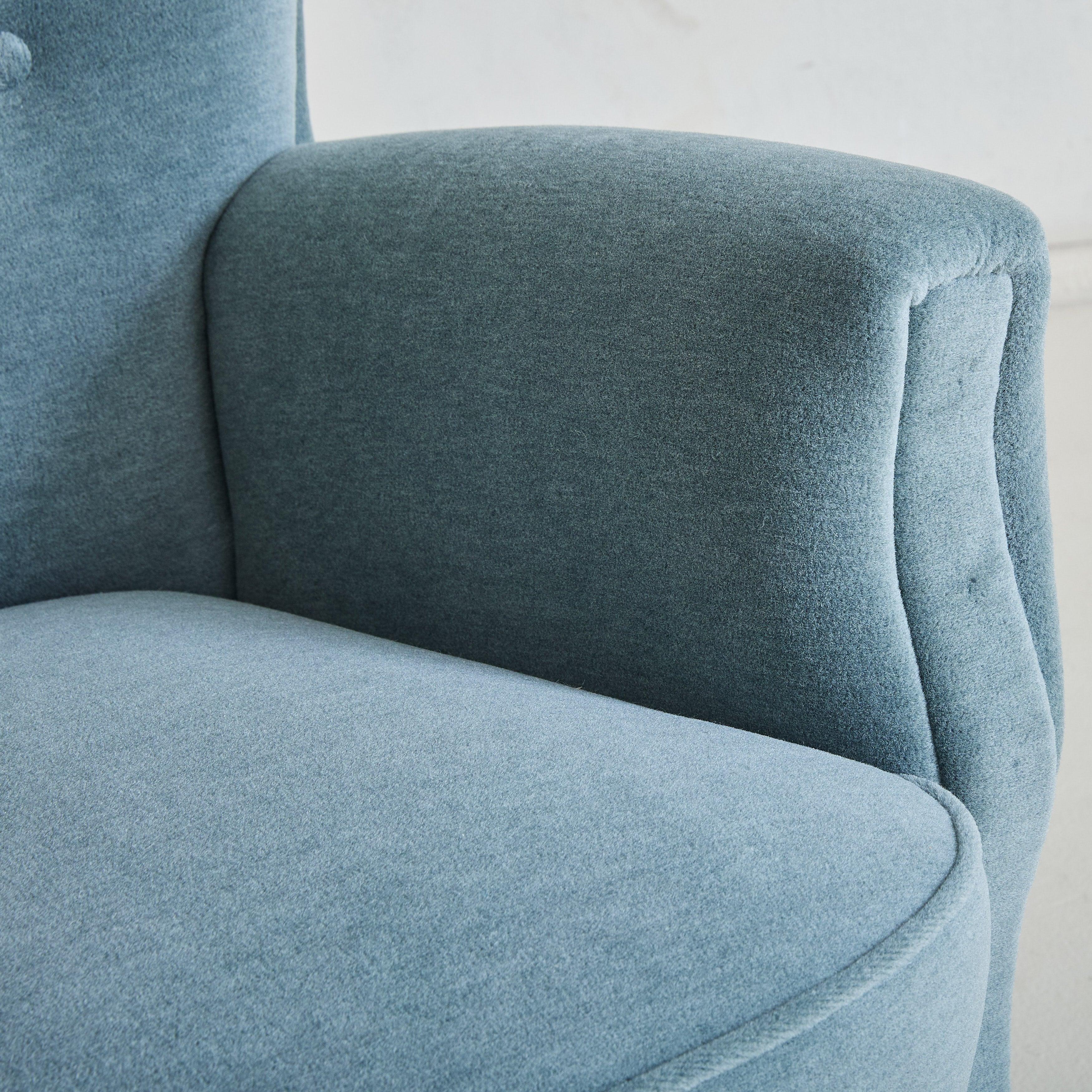 Upholstery Danish Blue Velvet Wingback Armchair, 1960s For Sale