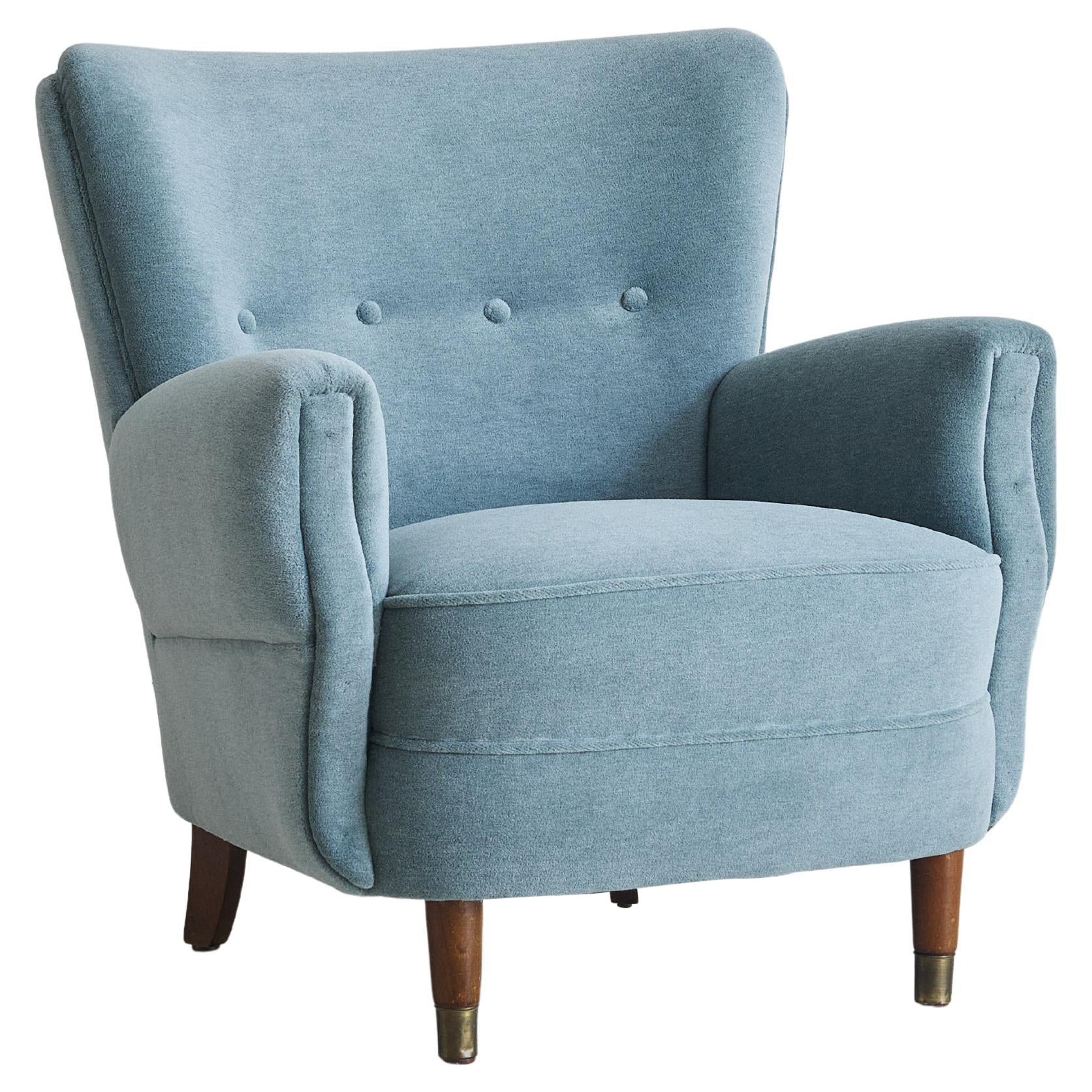 Danish Blue Velvet Wingback Armchair, 1960s