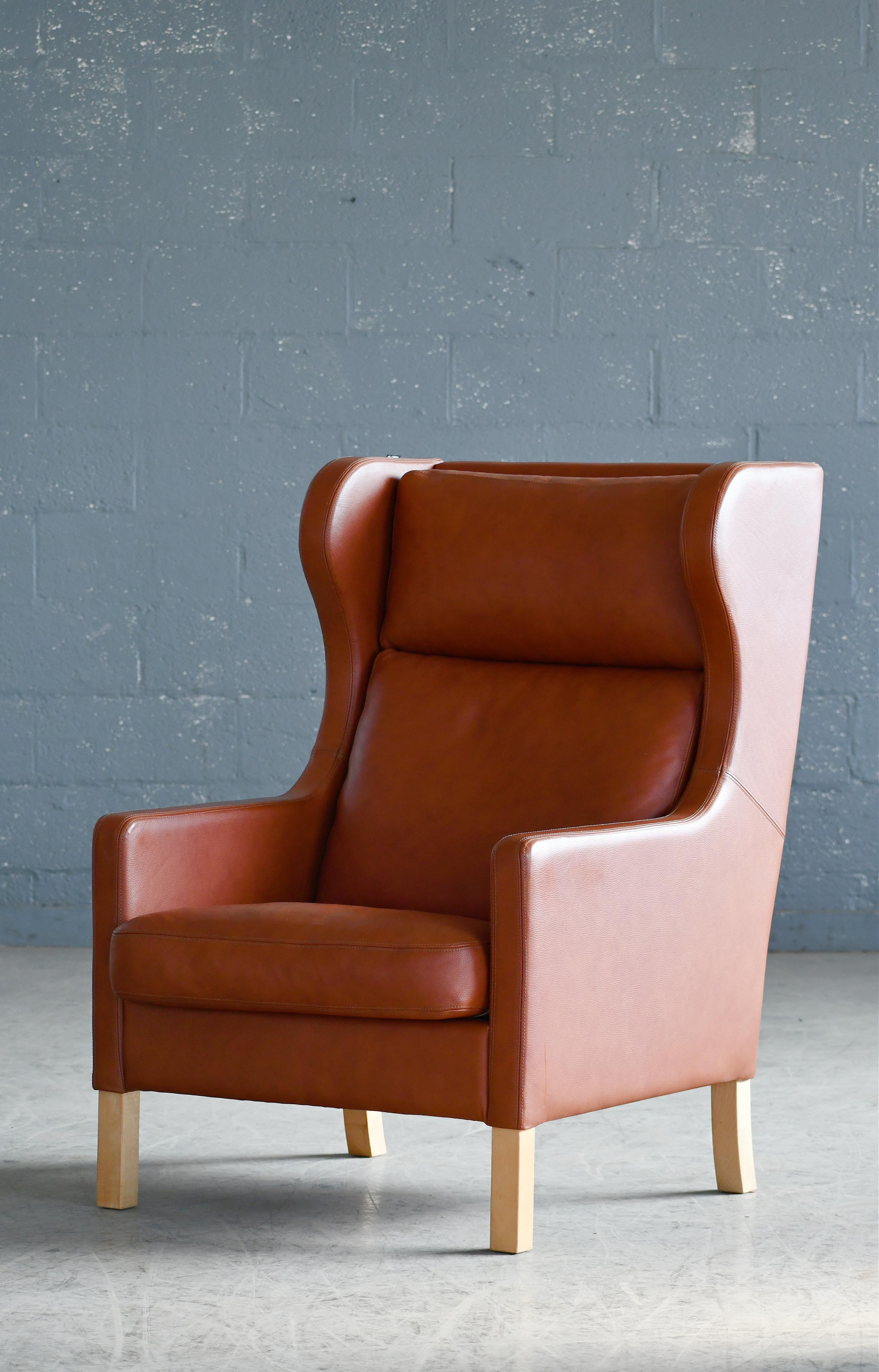 Danish Borge Mogensen Style Highback Lounge Chair in Cognac Colored Leather 5
