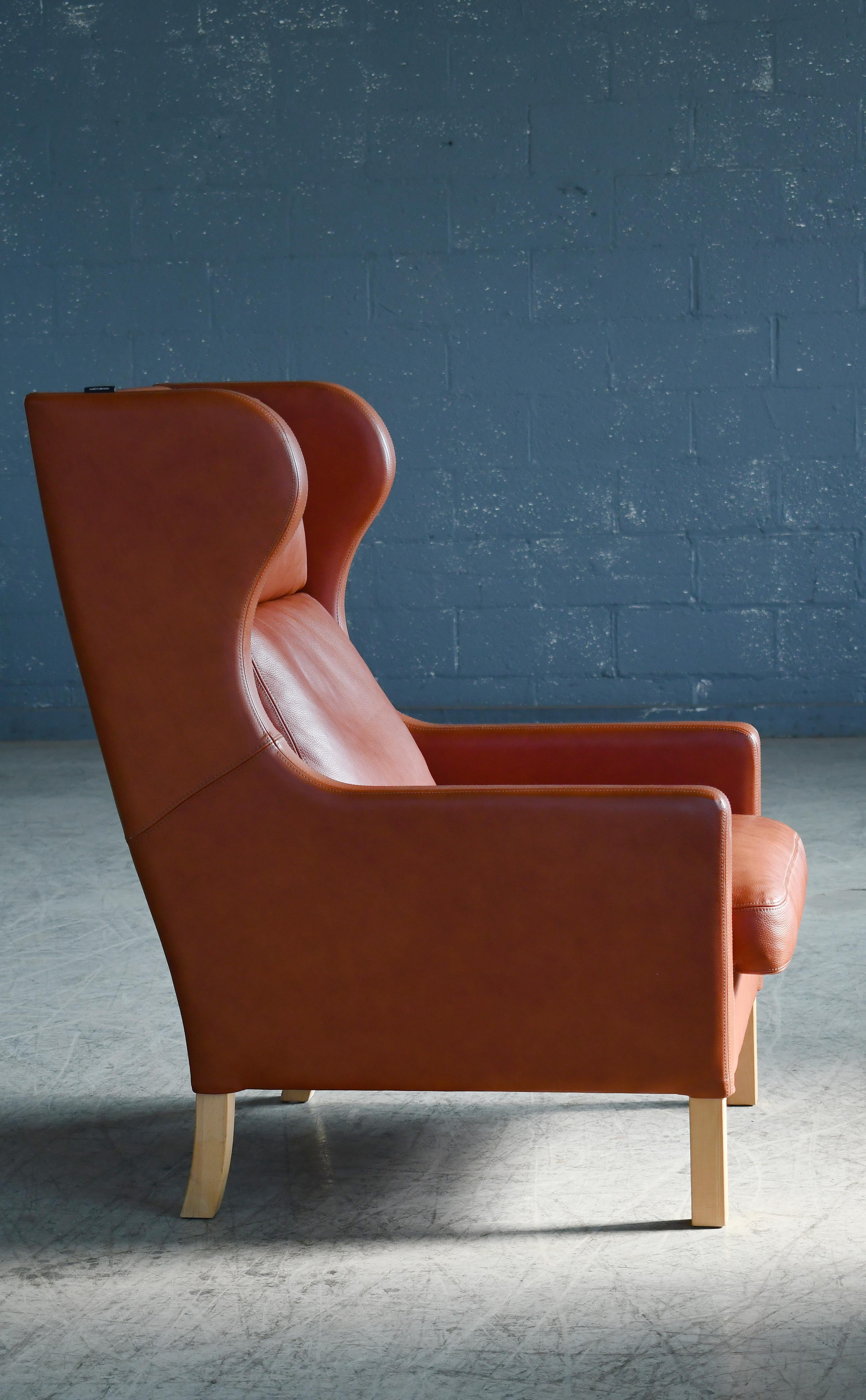Danish Borge Mogensen Style Highback Lounge Chair in Cognac Colored Leather 7