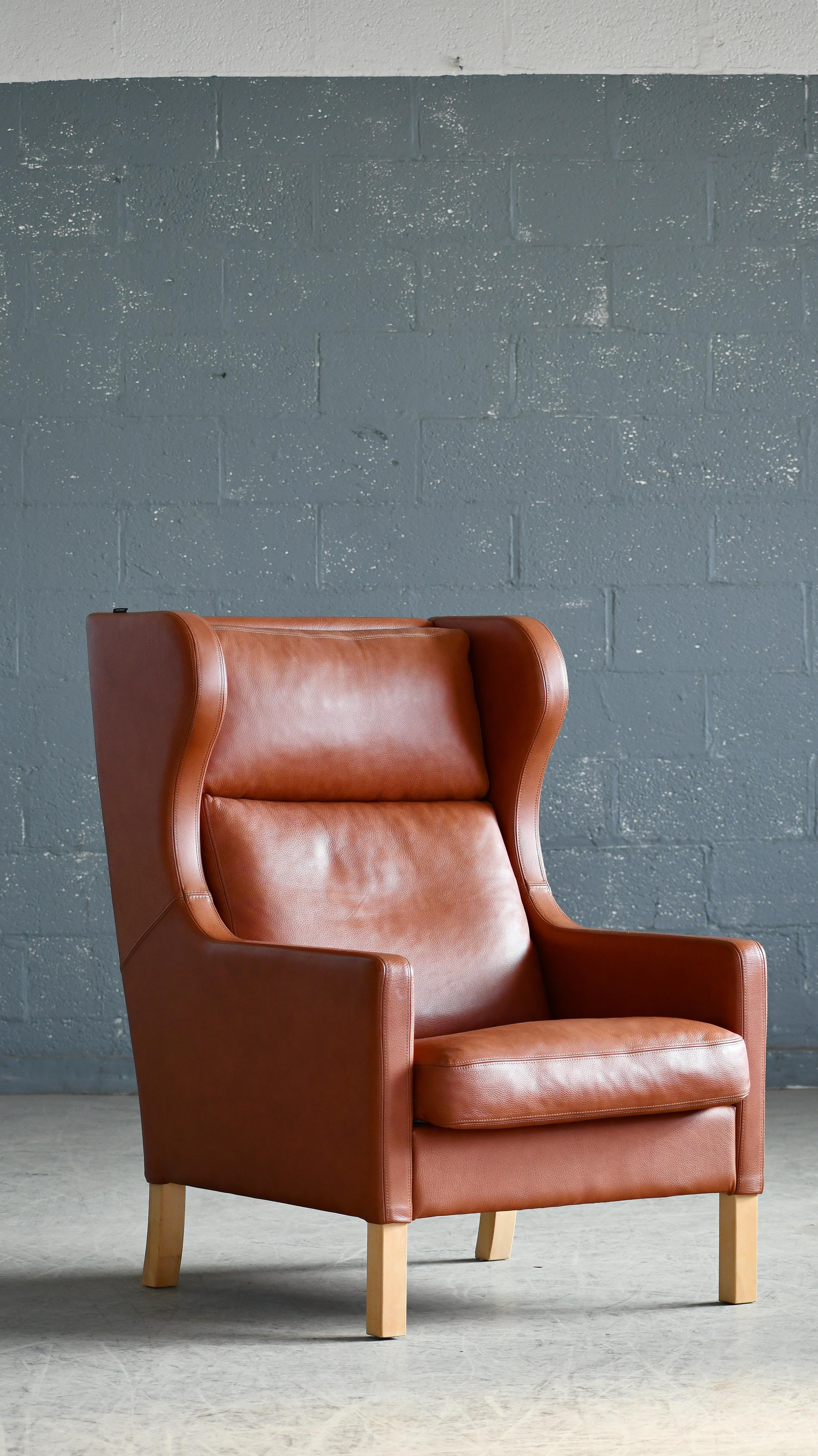 Danish Borge Mogensen Style Highback Lounge Chair in Cognac Colored Leather  In Good Condition For Sale In Bridgeport, CT