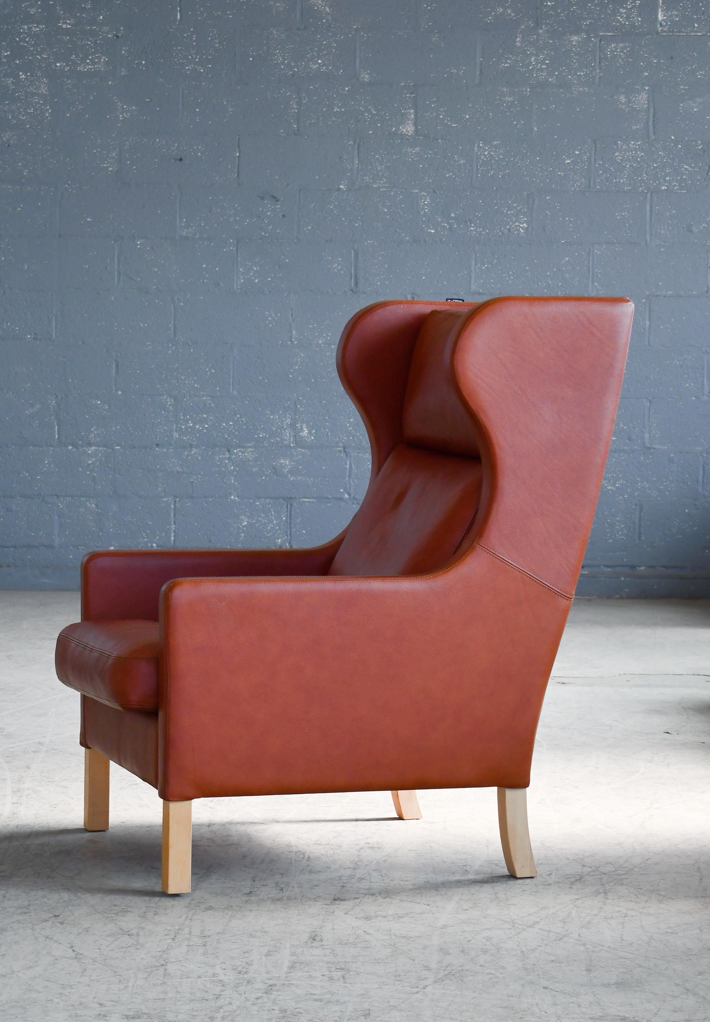 Mid-20th Century Danish Borge Mogensen Style Highback Lounge Chair in Cognac Colored Leather
