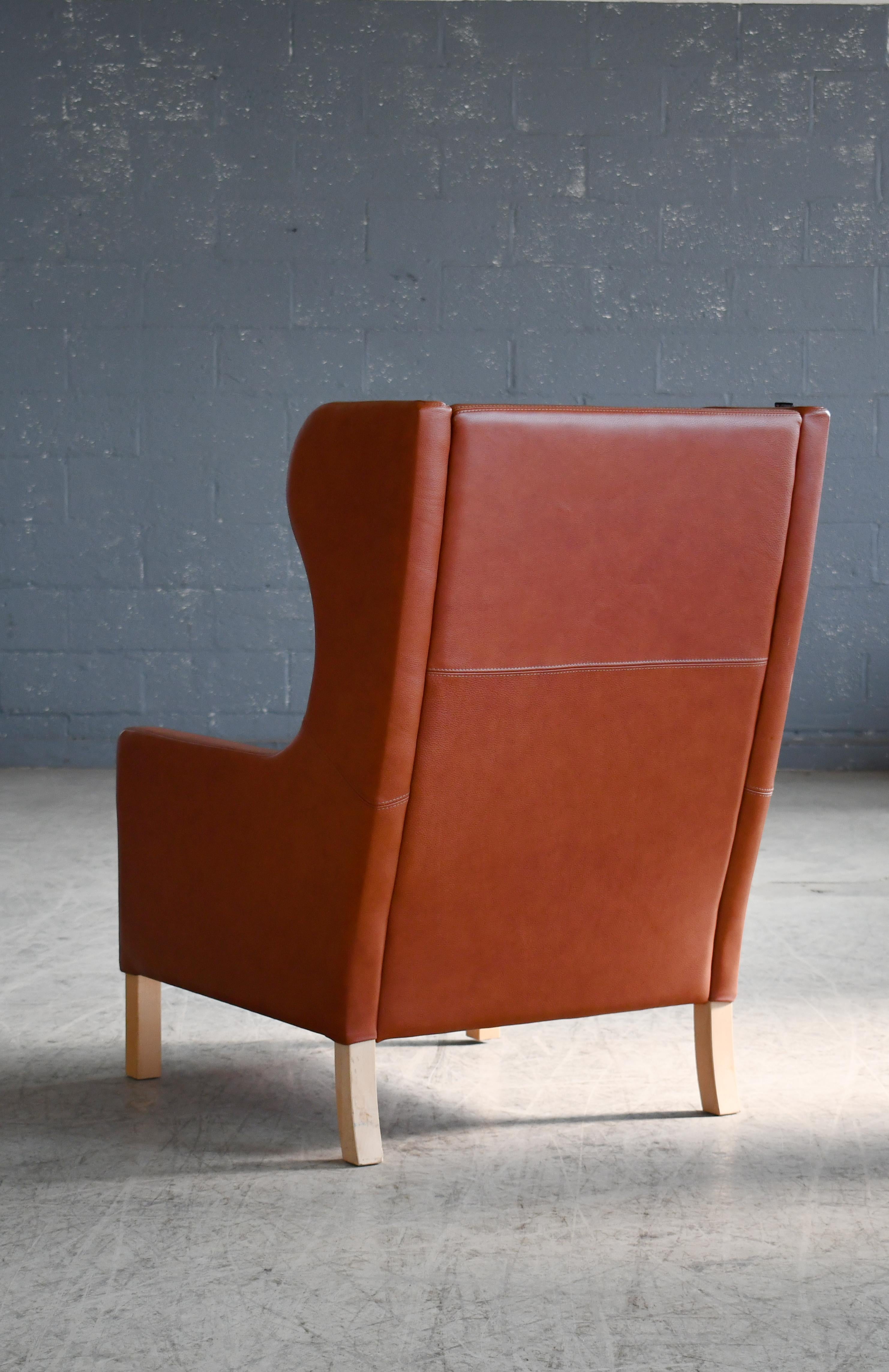Danish Borge Mogensen Style Highback Lounge Chair in Cognac Colored Leather 1