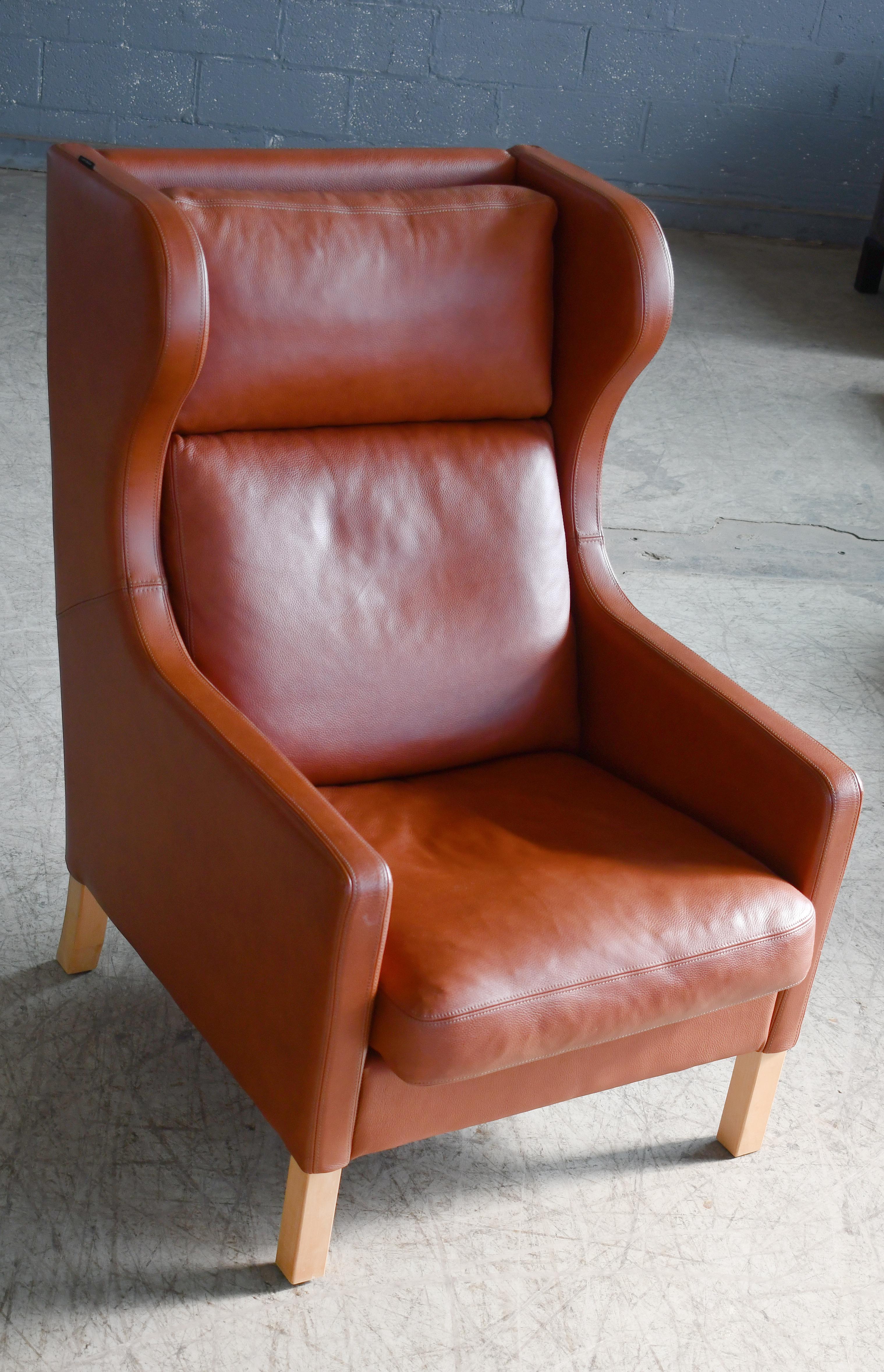 Danish Borge Mogensen Style Highback Lounge Chair in Cognac Colored Leather 2
