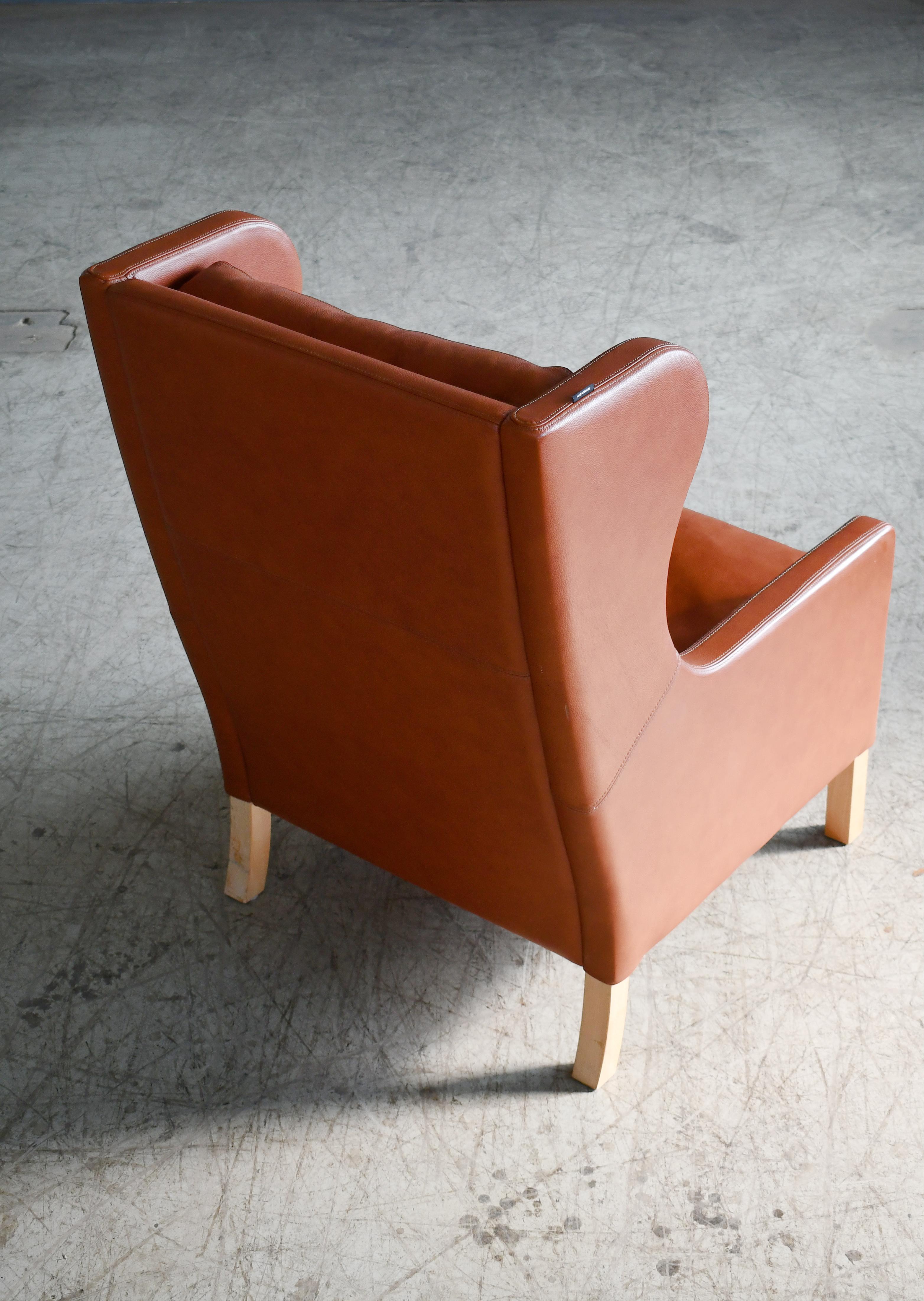 Danish Borge Mogensen Style Highback Lounge Chair in Cognac Colored Leather 3