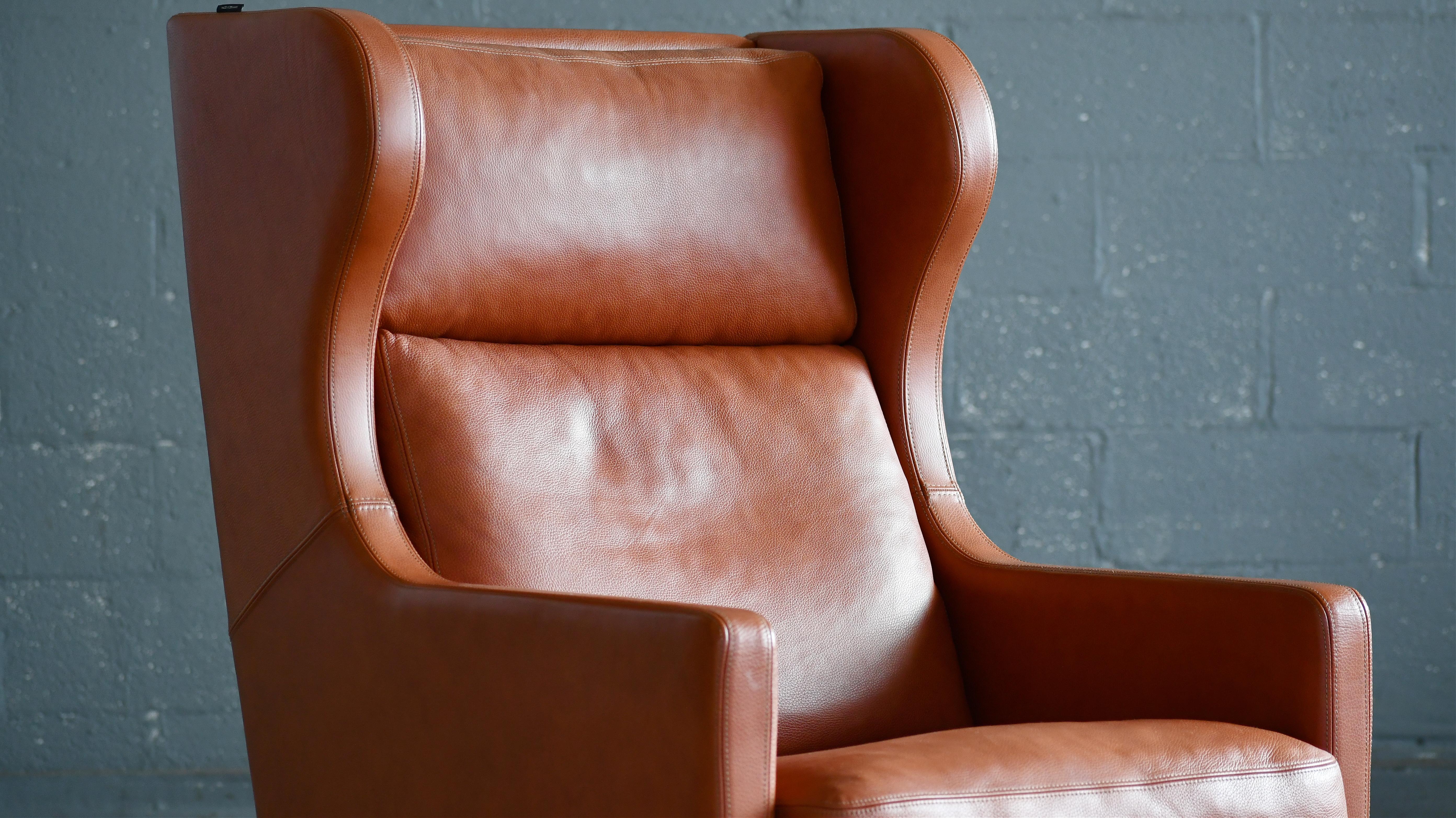 Danish Borge Mogensen Style Highback Lounge Chair in Cognac Colored Leather 4
