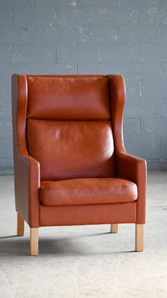 Retro Danish Borge Mogensen Style Highback Lounge Chair in Cognac Colored Leather 