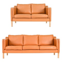 Danish Borge Mogensen Style Mid-Century Leather Sofa & Loveseat