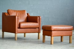 Danish Borge Mogensen Style Model 2421 Cognac Leather Easy Chair and Ottoman