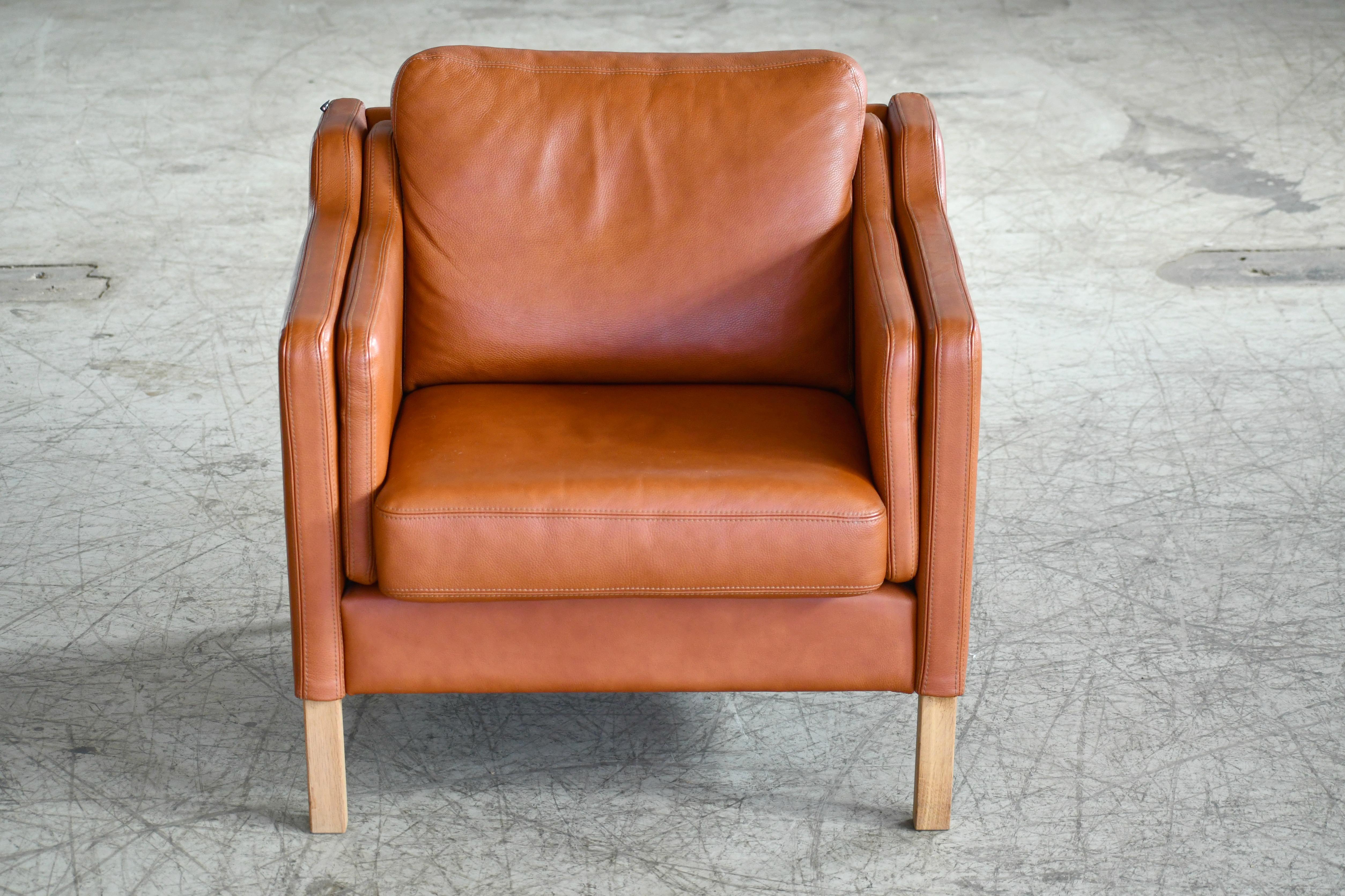 Scandinavian Modern Danish Borge Mogensen Style Model 2421 Cognac Leather Easy Chair and Ottoman